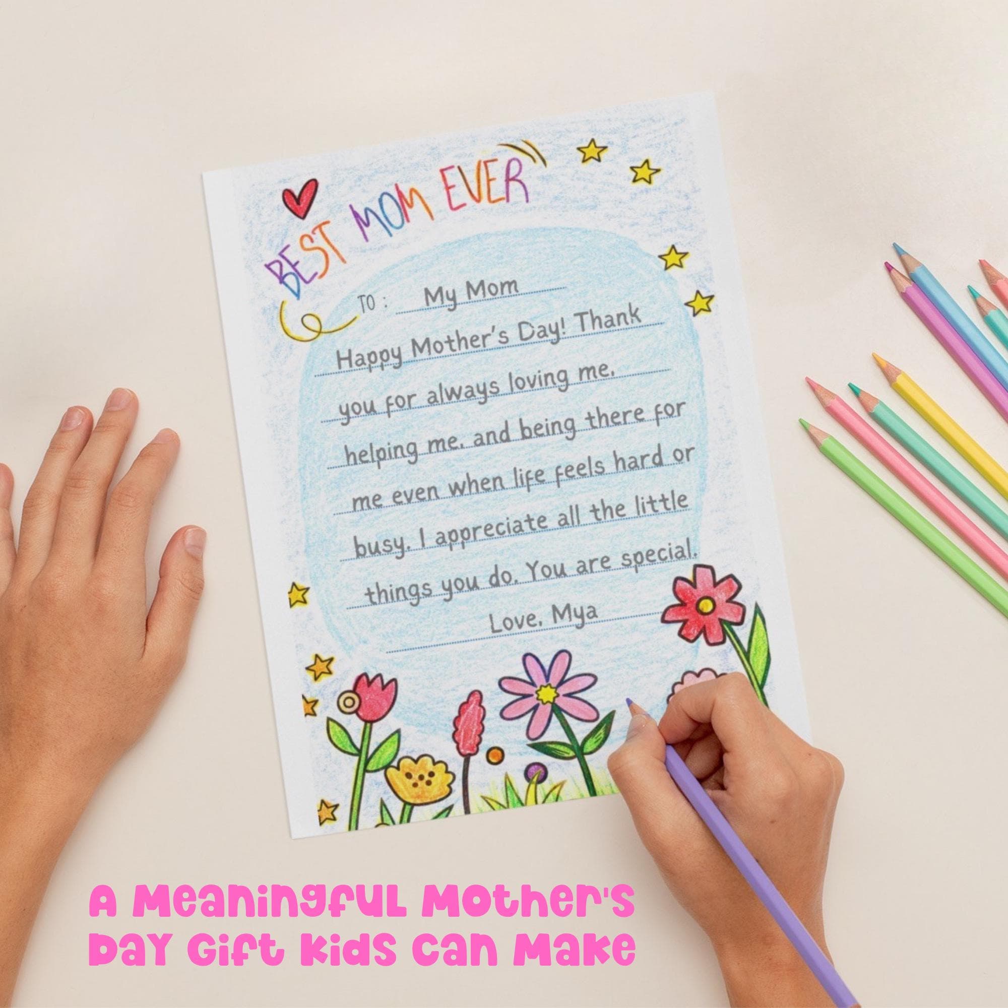 Completed Mother’s Day letter printable for kids colored with crayons and filled out as a heartfelt gift for Mom.