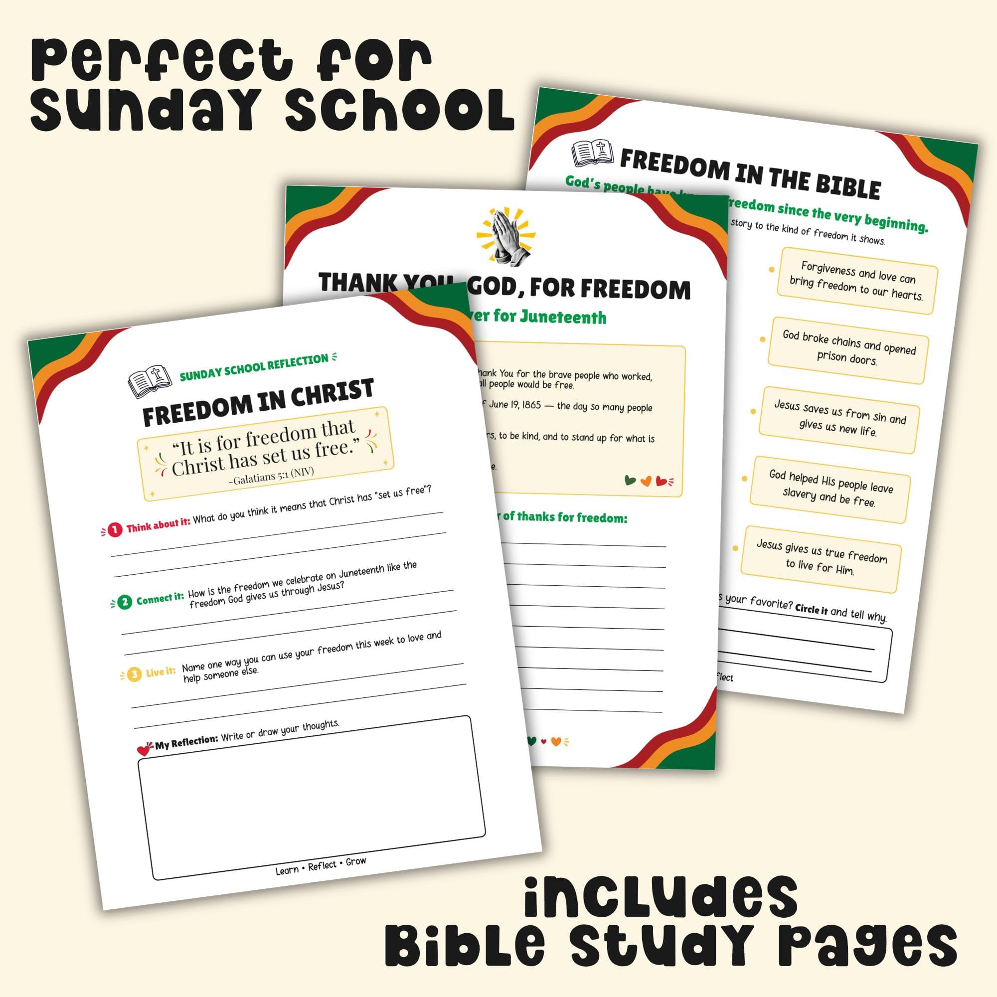 Christian Juneteenth Sunday school printable for kids, Bible study pages, Freedom in Christ worksheet, faith-based Juneteenth activity bundle for classroom and homeschool.