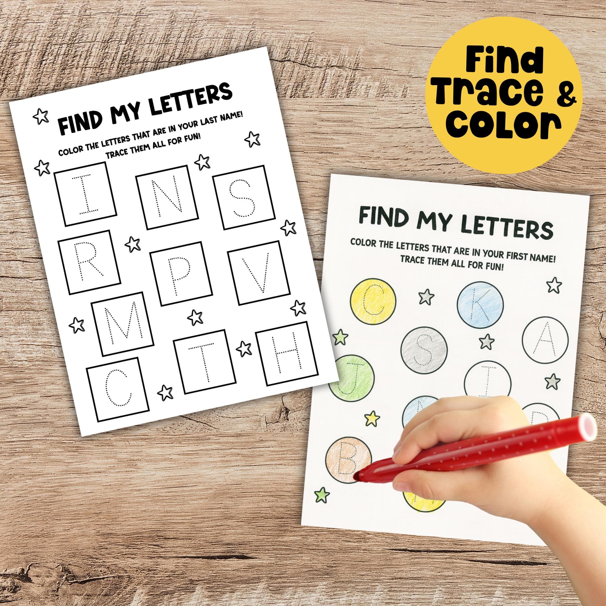 Find My Letters Printable Worksheet – Personalized Name Tracing and Coloring Activity for Preschool and Kindergarten.