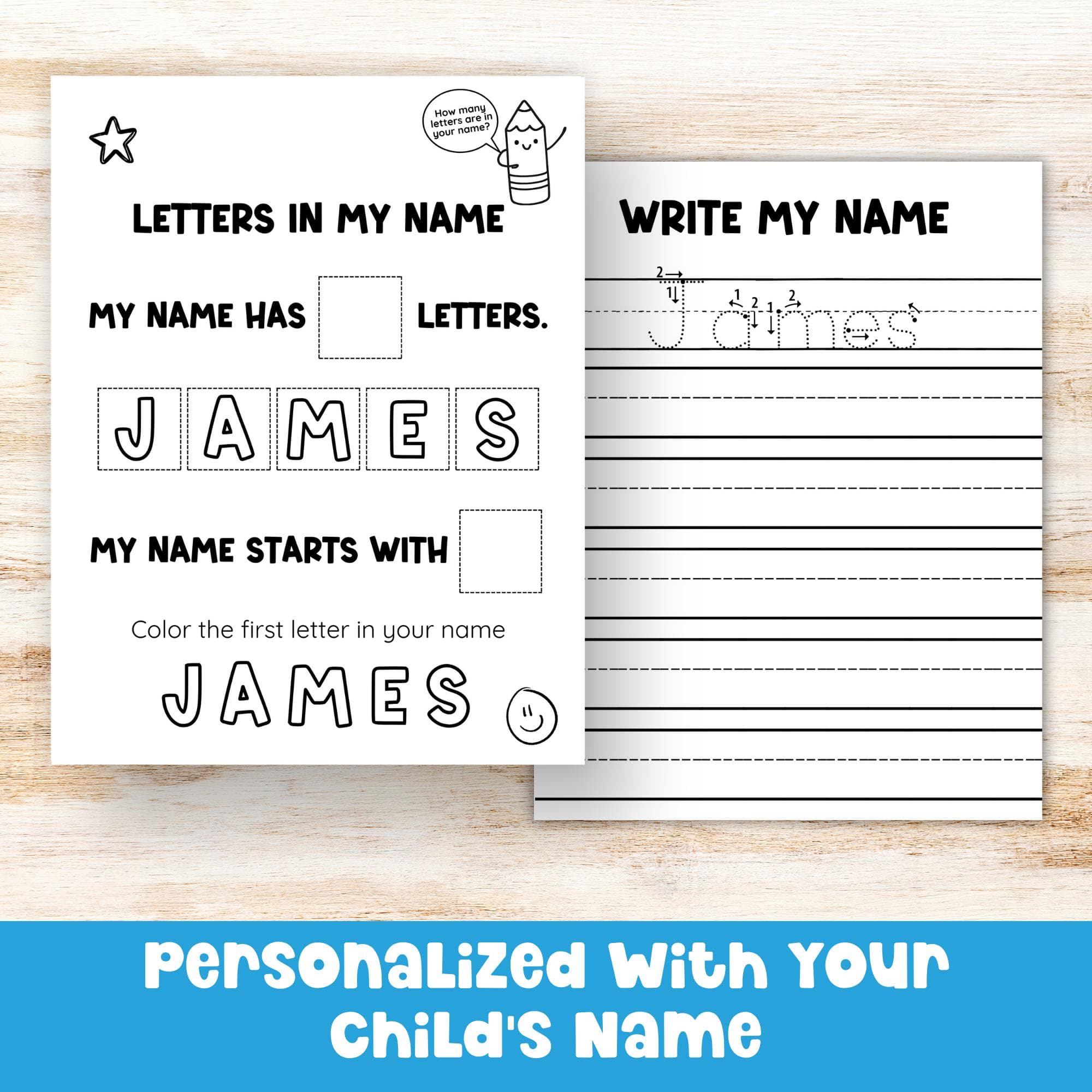 Personalized name worksheet showing letters in my name activity to practice spelling and first letter recognition.