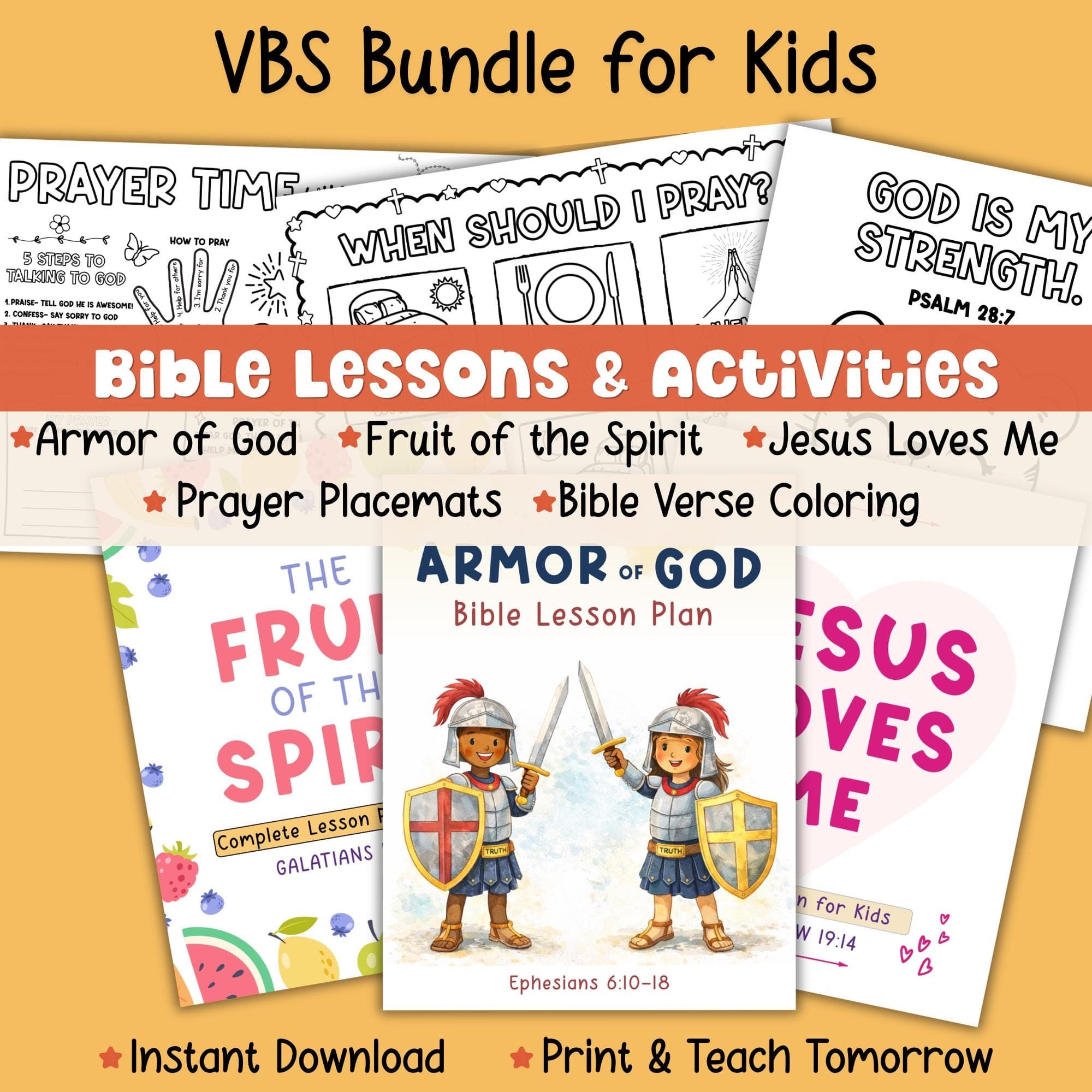 VBS Kids Activity Bundle | Armor of God | Fruit of the Spirit | Prayer Bible Lesson | Kids Ministry Lesson Plans | Bible Coloring Pages