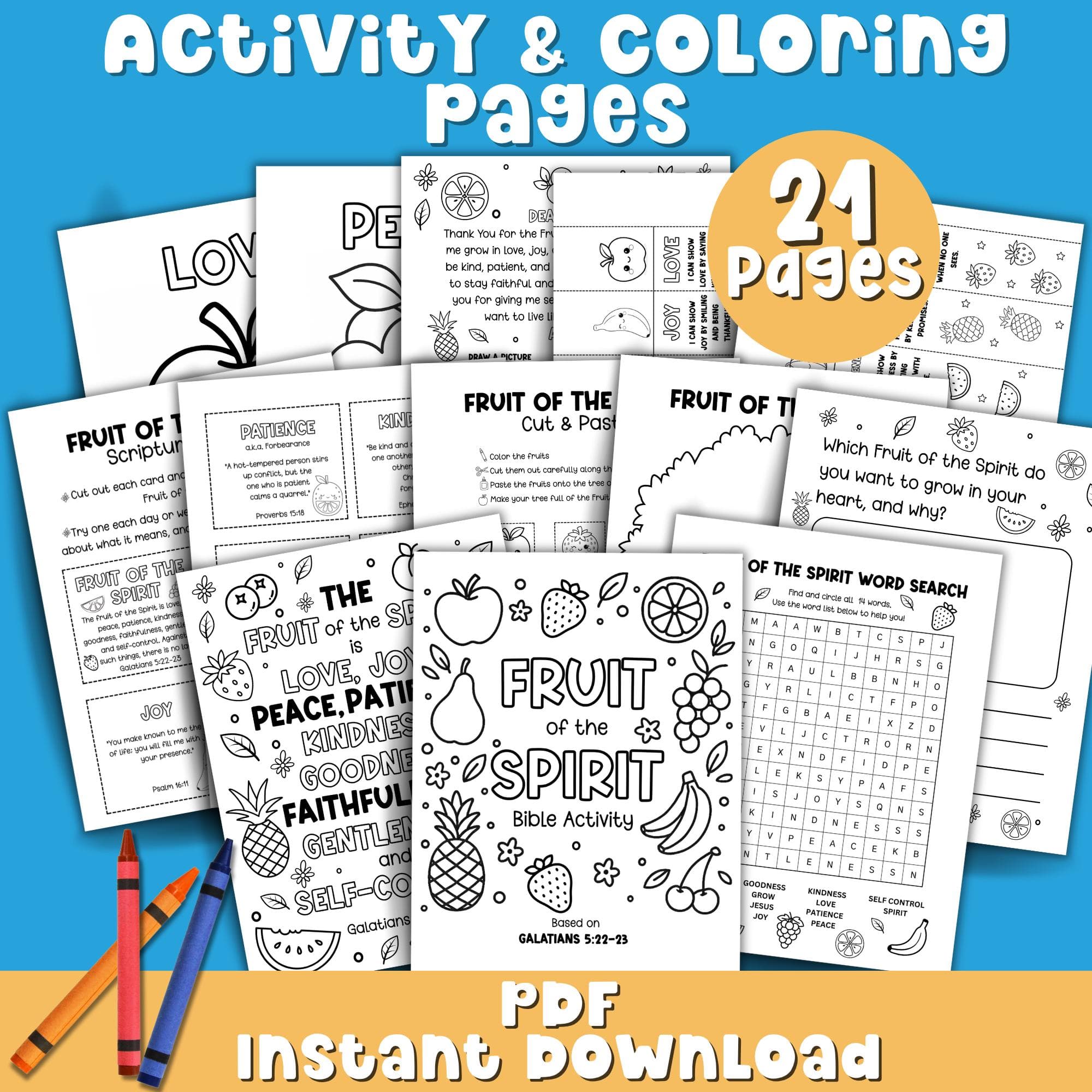 Fruit of the Spirit Kids Bible Lesson Sunday School Craft Bible Verse Coloring Pages Christian Activity Church Printable Cut and Paste Craft