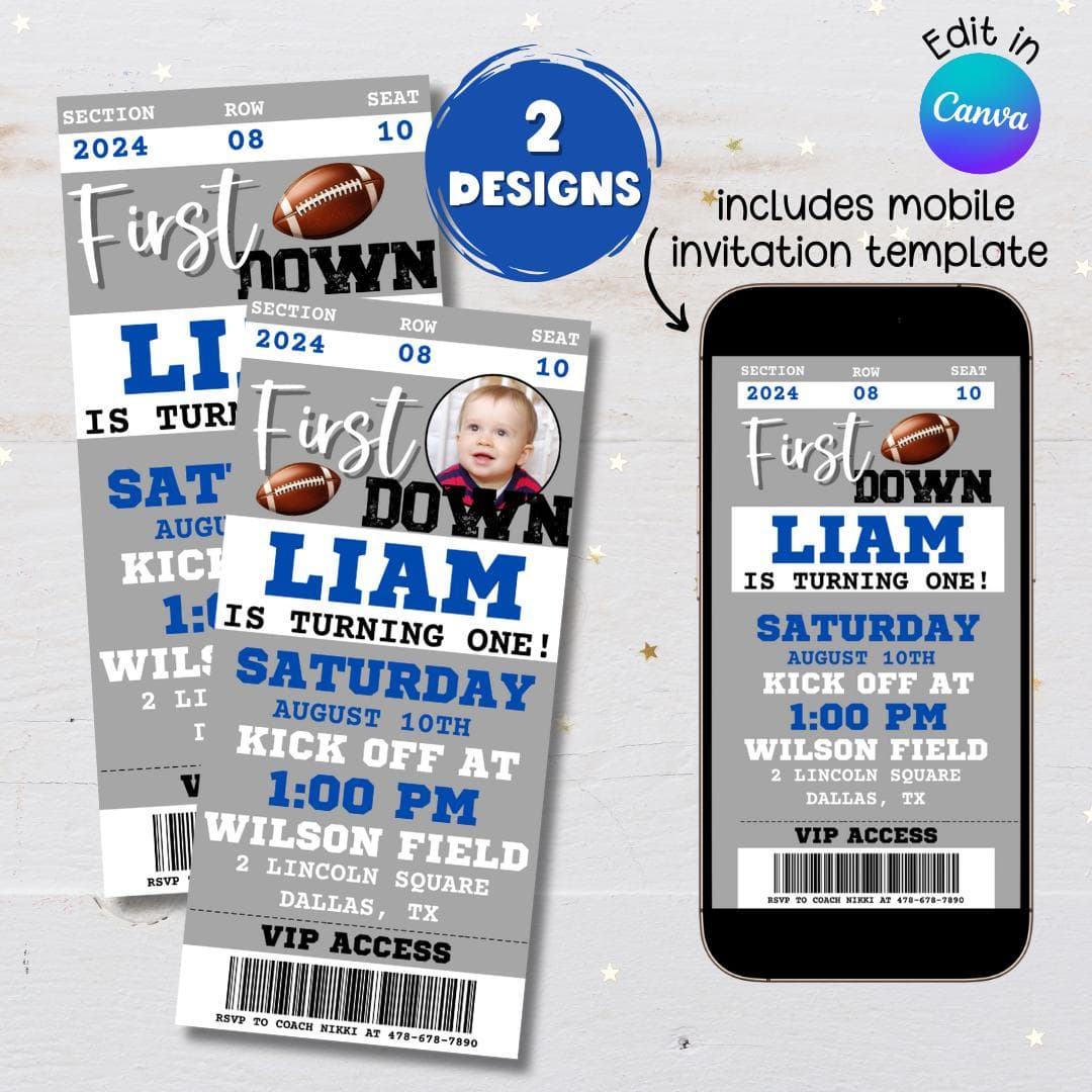One Year Old First Down Birthday Invitation Ticket