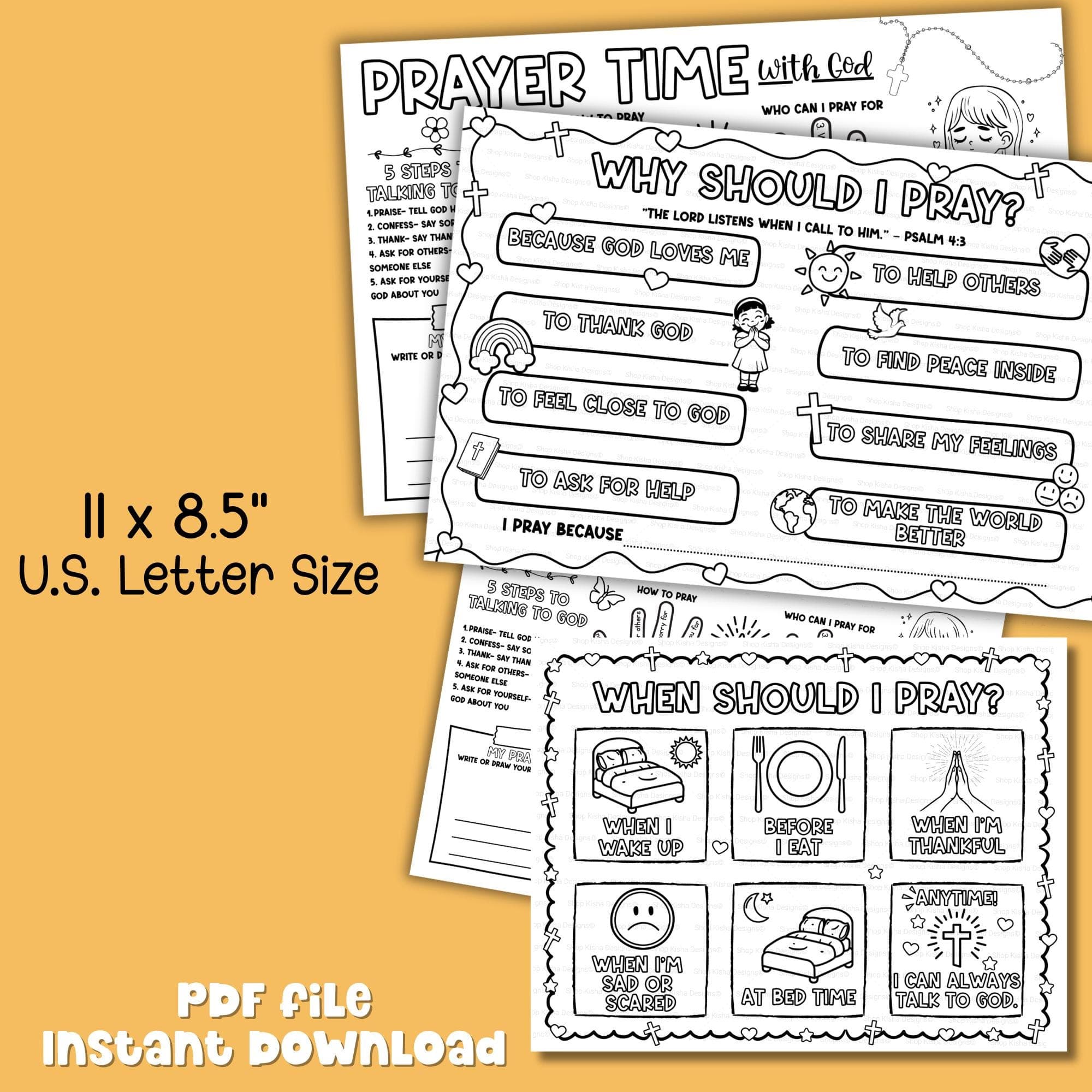 Printable prayer placemat set of 4 for kids 11 x 8.5 inch US letter size PDF instant download showing Why Should I Pray When Should I Pray and Prayer Time with God faith based activity for Sunday School.