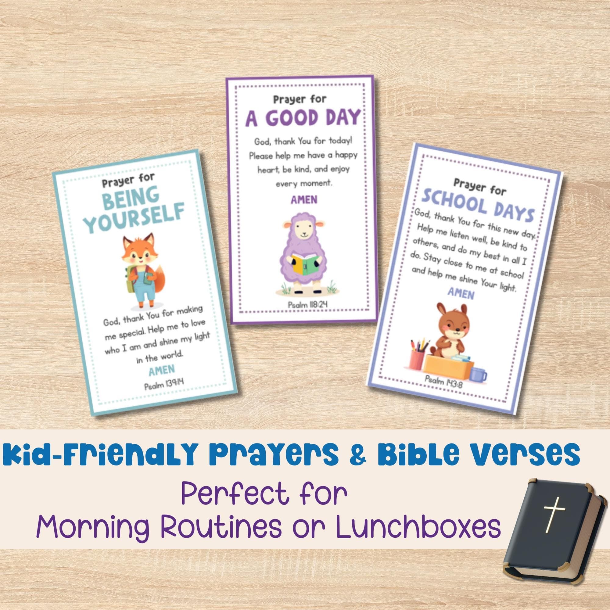 Kid-friendly morning devotional cards with scripture—ideal pocket inspiration cards for kids to use before school or pack in lunchboxes for encouragement.