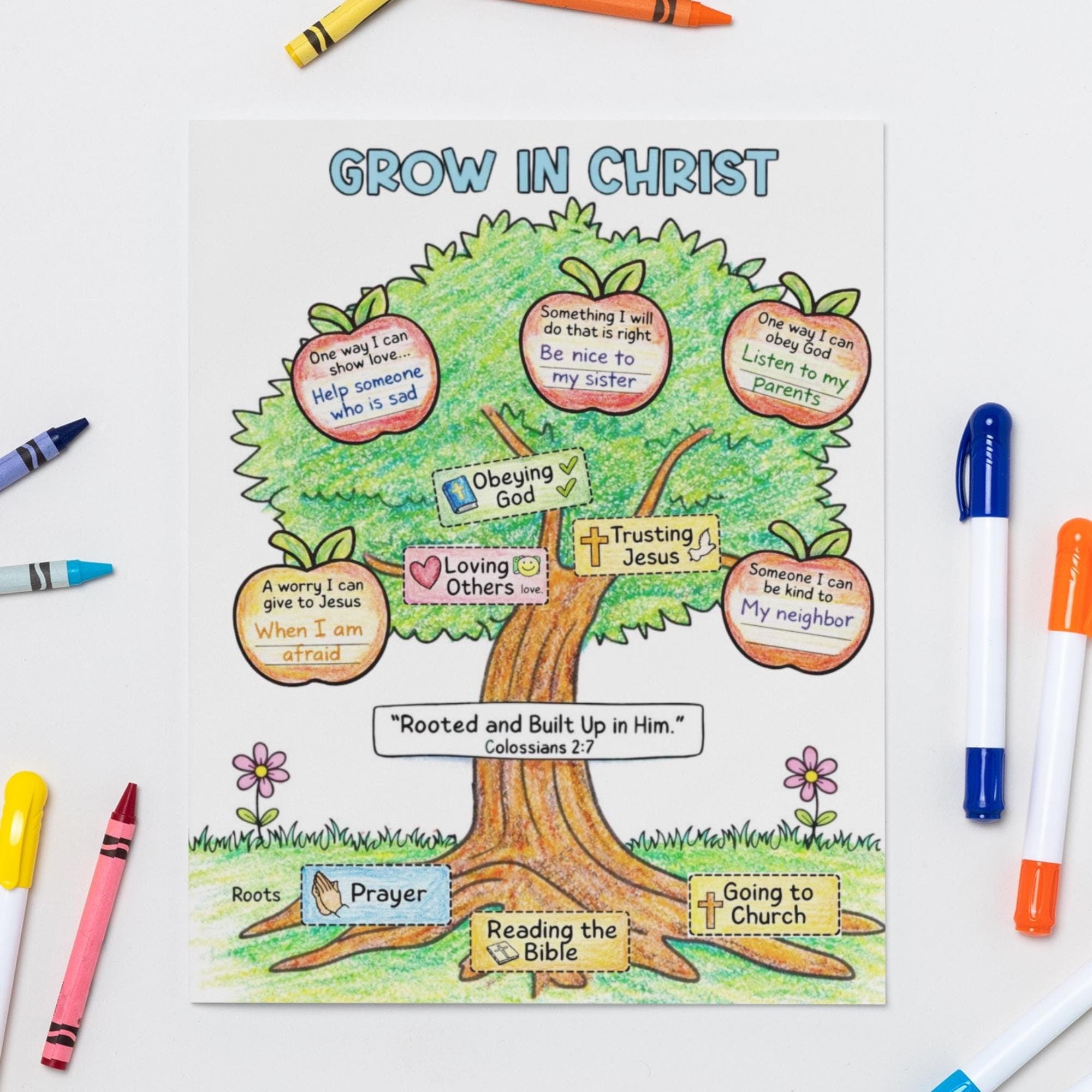 Completed grow in Christ Bible craft for kids, colored Christian activity example, Bible verse Colossians 2:7 printable, Sunday school finished project.