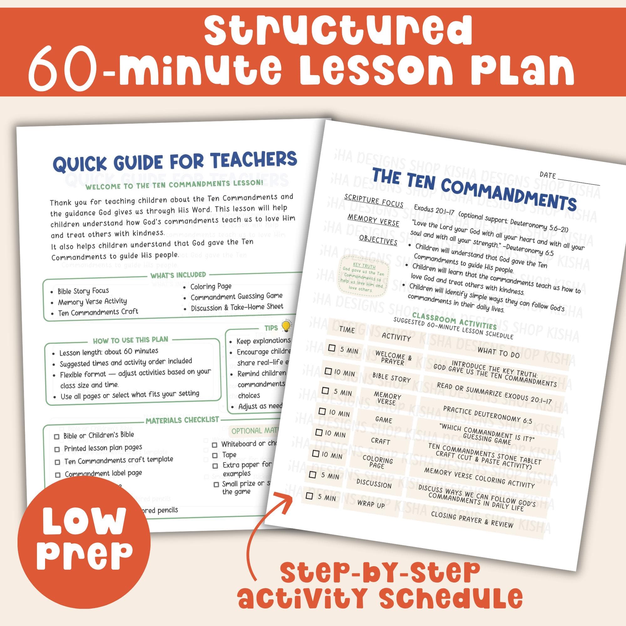 Structured 60 minute Ten Commandments Sunday school lesson plan printable with step by step activity schedule for teachers.