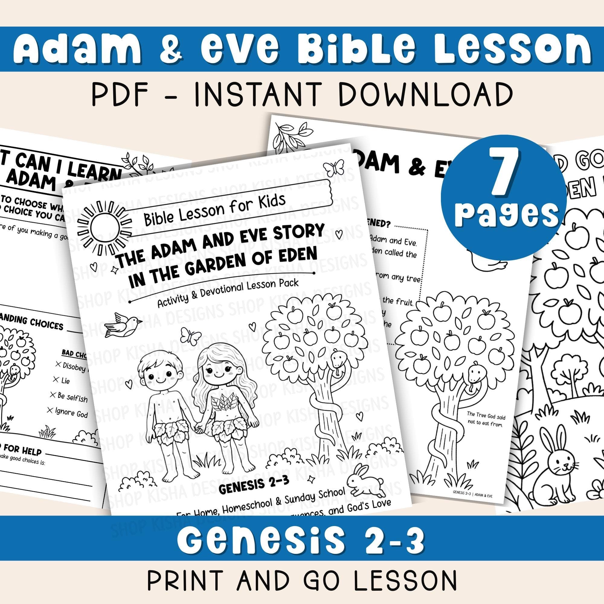 Adam and Eve Bible Lesson for Kids Printable | Sunday School Activity | Christian Bible Study | Faith Based Coloring | Homeschool Bible