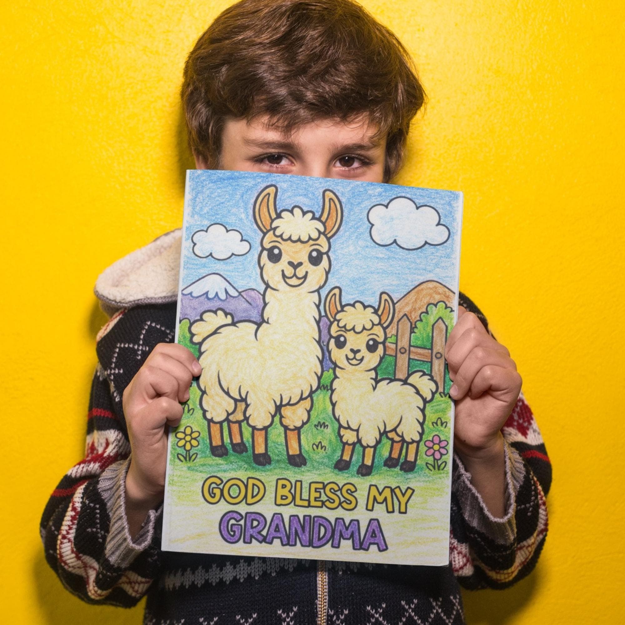 Child holding colored Christian Mother’s Day coloring page for Grandma with llama design printable gift from kid.