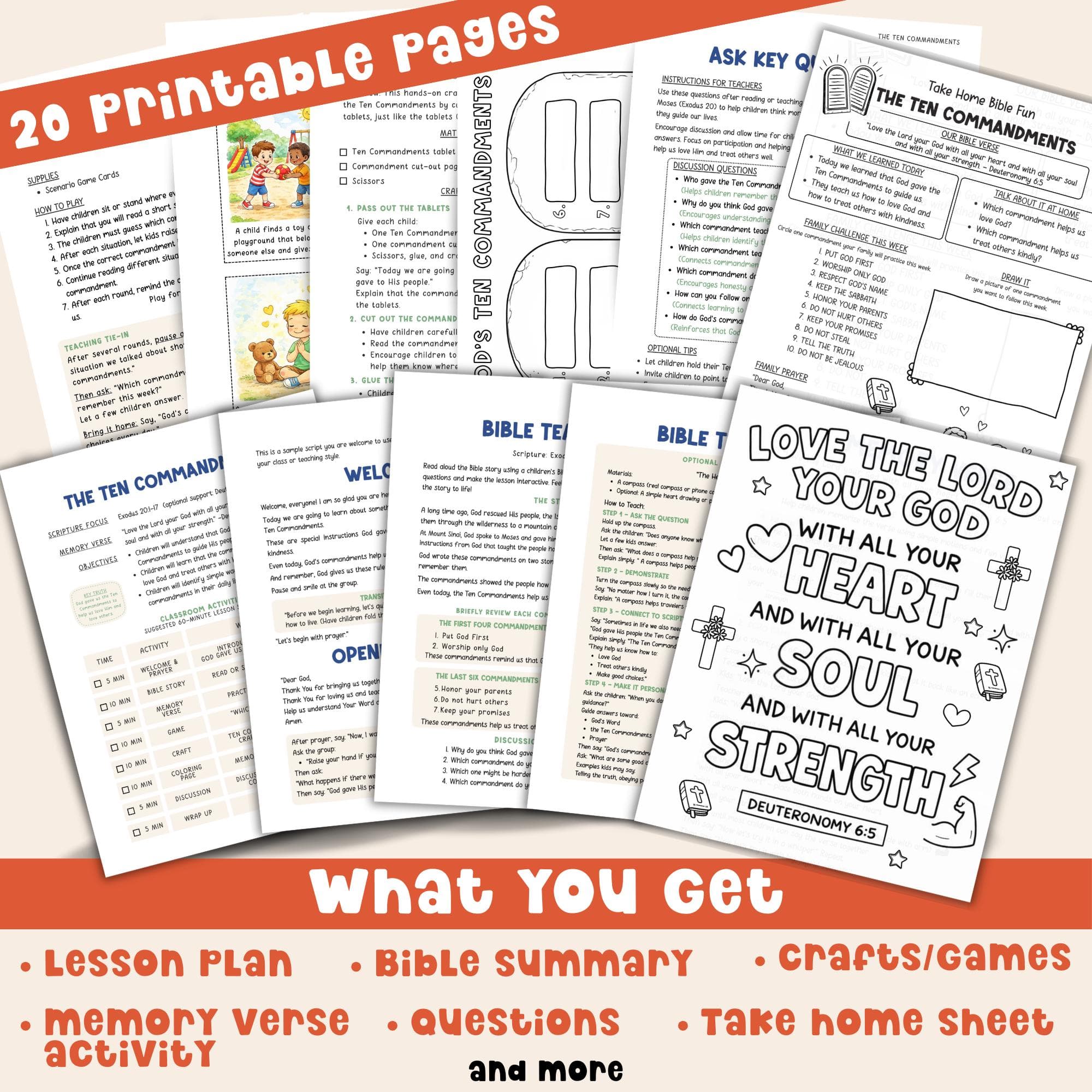 Ten Commandments printable Bible lesson pack with 20 pages including lesson plan craft game memory verse coloring and take home sheet.