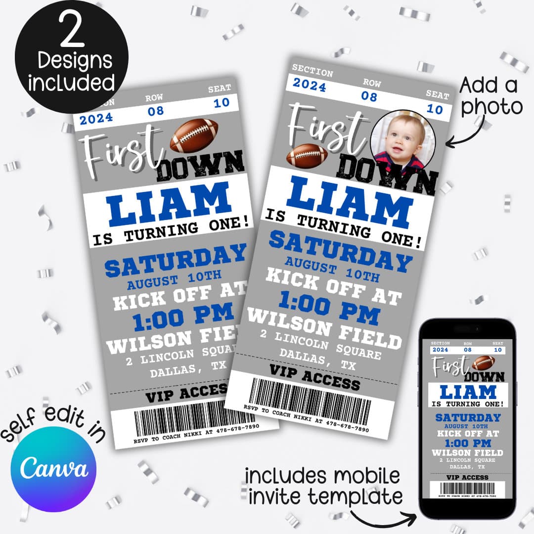 First Down Birthday Party Invitation Boy Editable First Birthday American Football Theme 1st Year Down Football Ticket Invite Baby 1st Bday