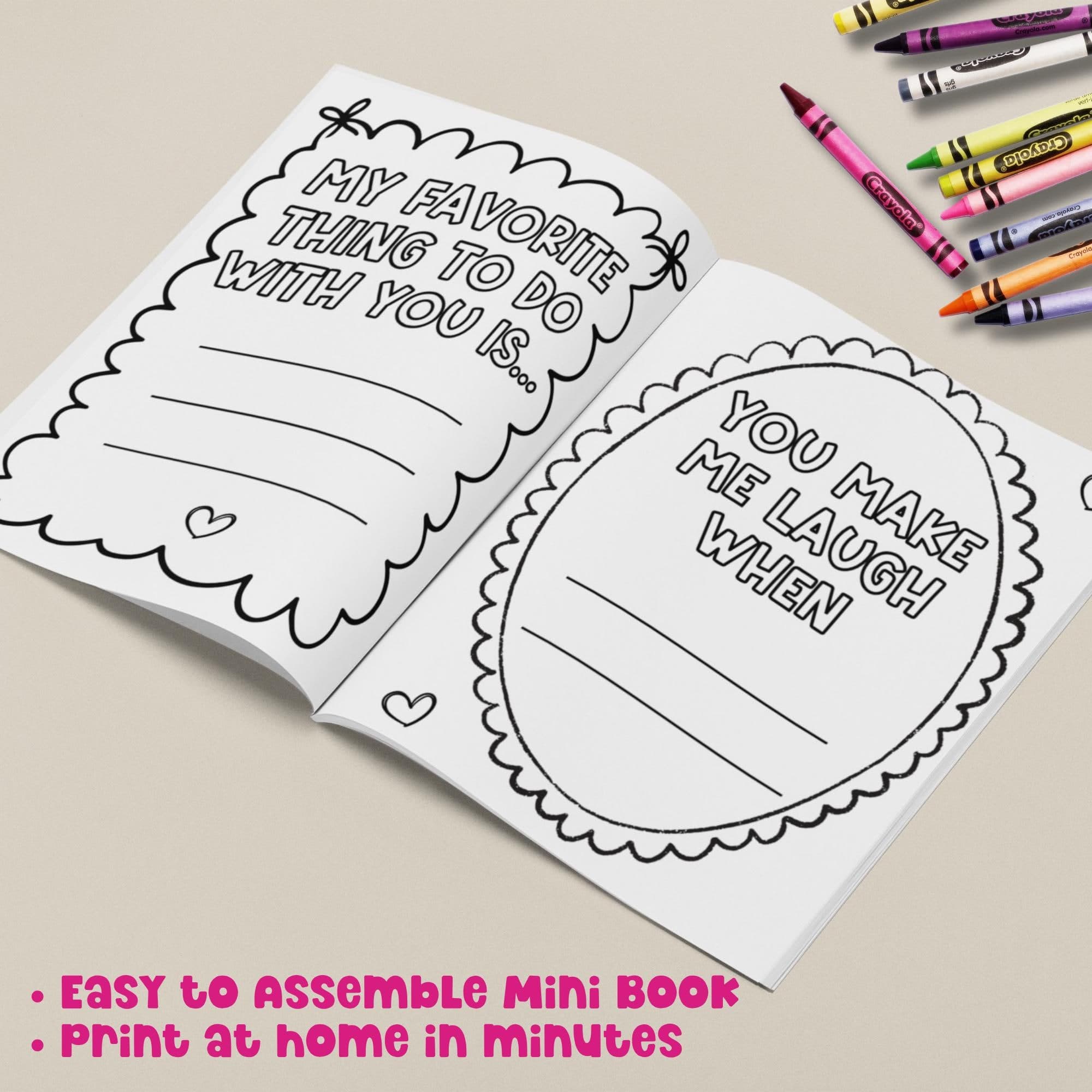 Fill in the blank Mother's Day mini book pages with writing prompts for kids to tell mom why they love her.