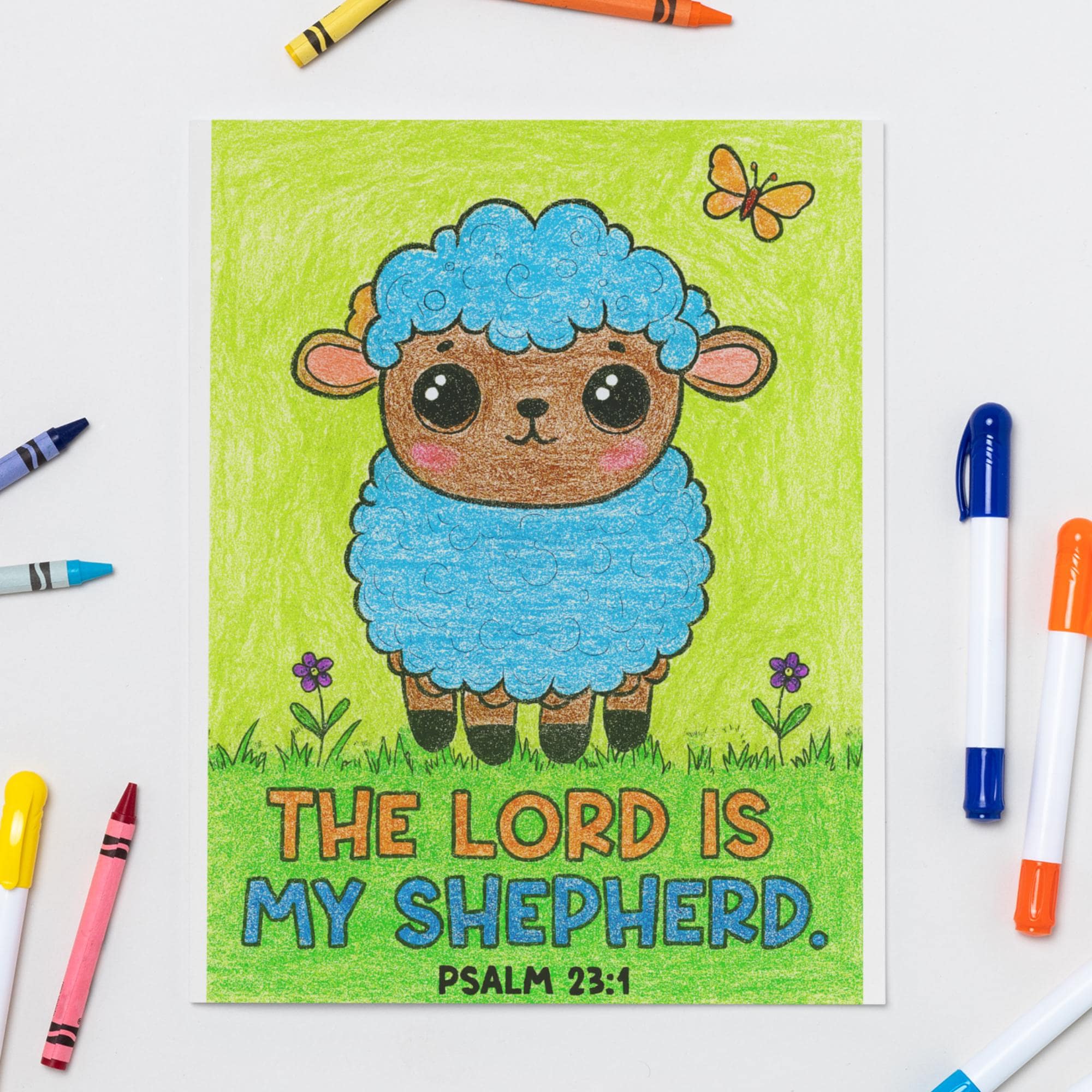 Faith Based Coloring Sheet with Psalm 23:1 for Preschool Activity and Christian Activity Sheet – Bible Verse Coloring Page ideal for Church Coloring, Sunday School Lessons, and PreK Homeschoolers.