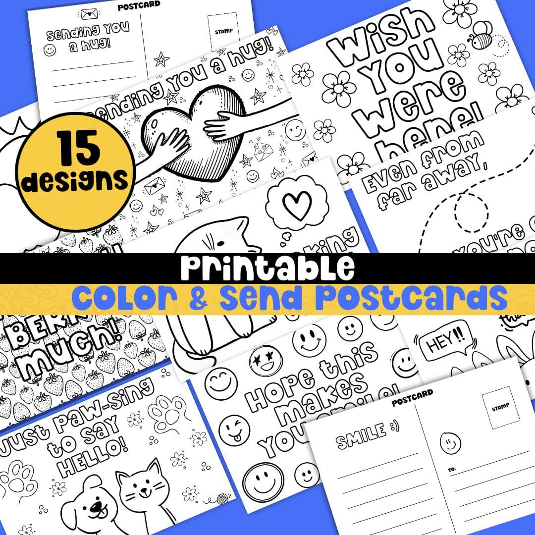 Thinking of you Coloring Postcard Pen Pal Mail Long Distance Friend stay in touch card to color Military Family Gift letter writing Hug Card