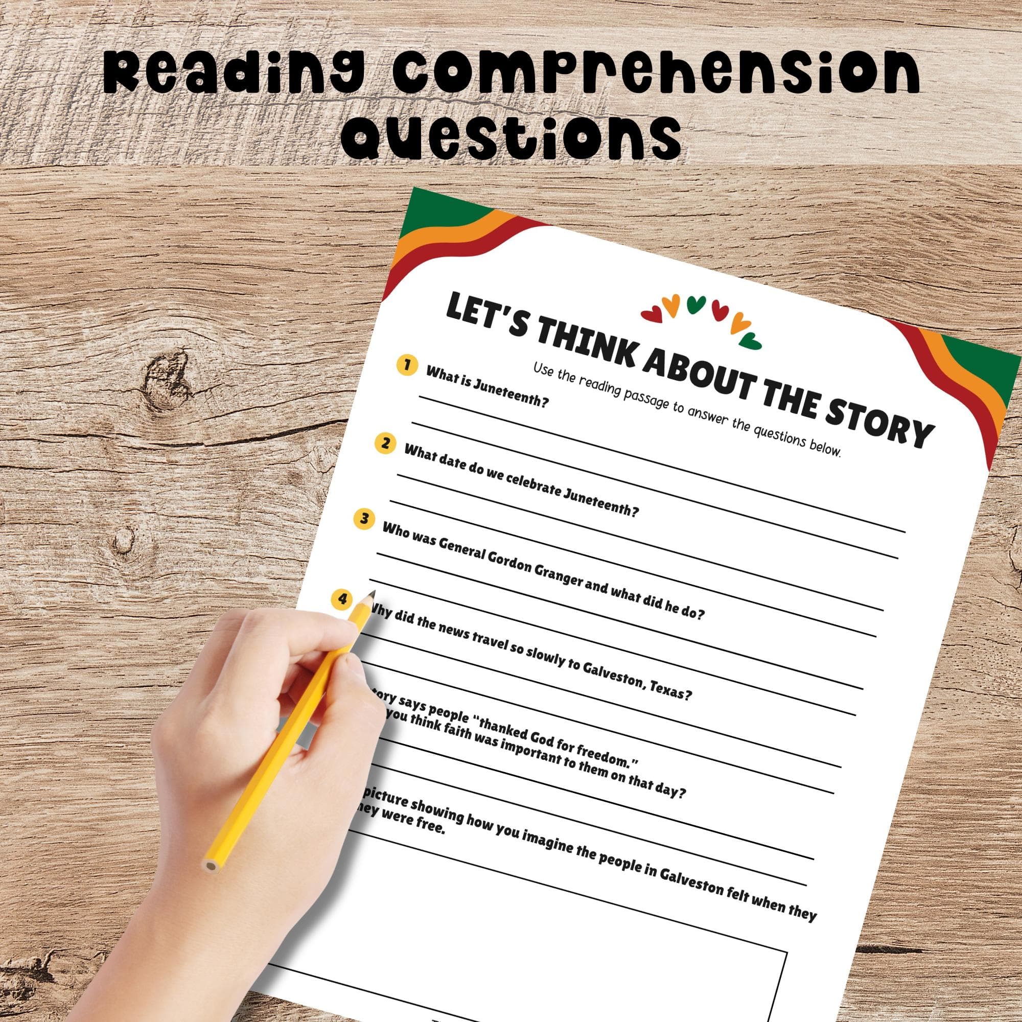 Juneteenth reading comprehension worksheet for kids, printable reading passage questions, homeschool classroom activity, Juneteenth education and writing practice page.