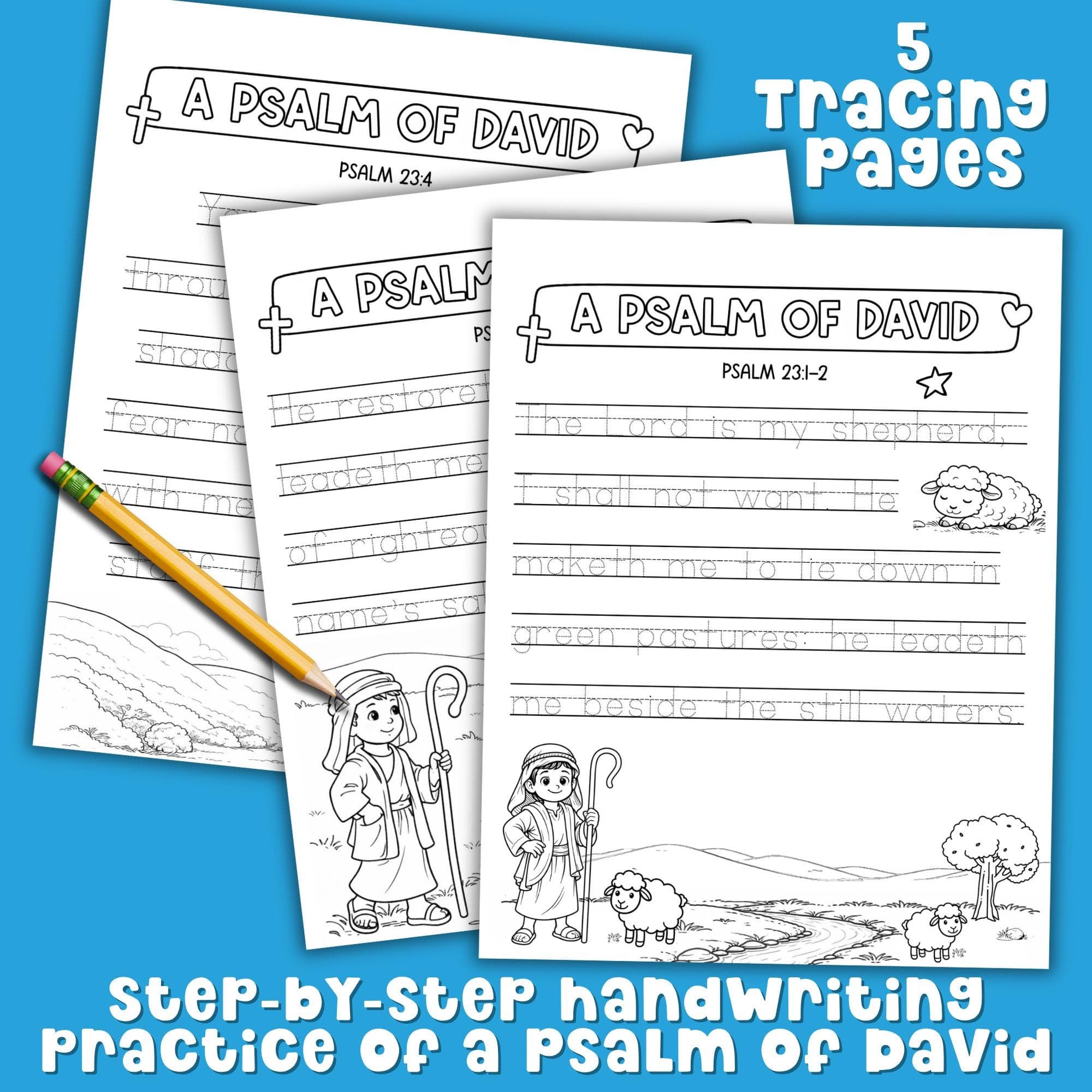 Psalm 23 printable bundle with Bible tracing worksheet and God provides placemat perfect for Sunday school homeschool and family devotions.