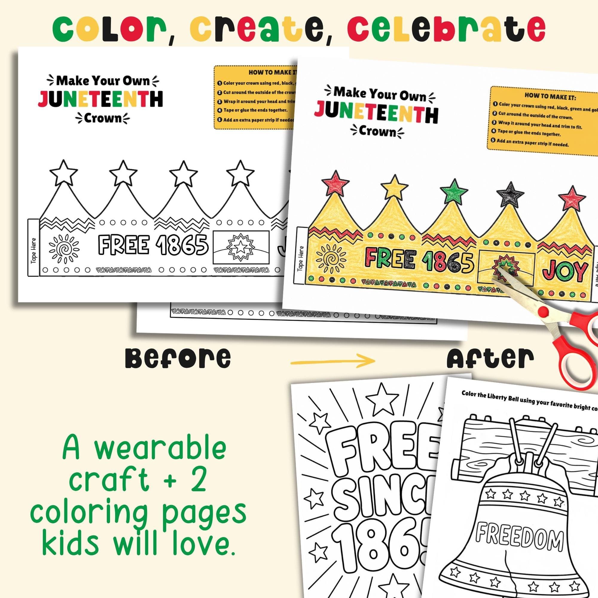 Juneteenth crown craft printable for kids, wearable coloring crown activity, Free Since 1865 craft, homeschool classroom Juneteenth coloring pages and celebration activity.