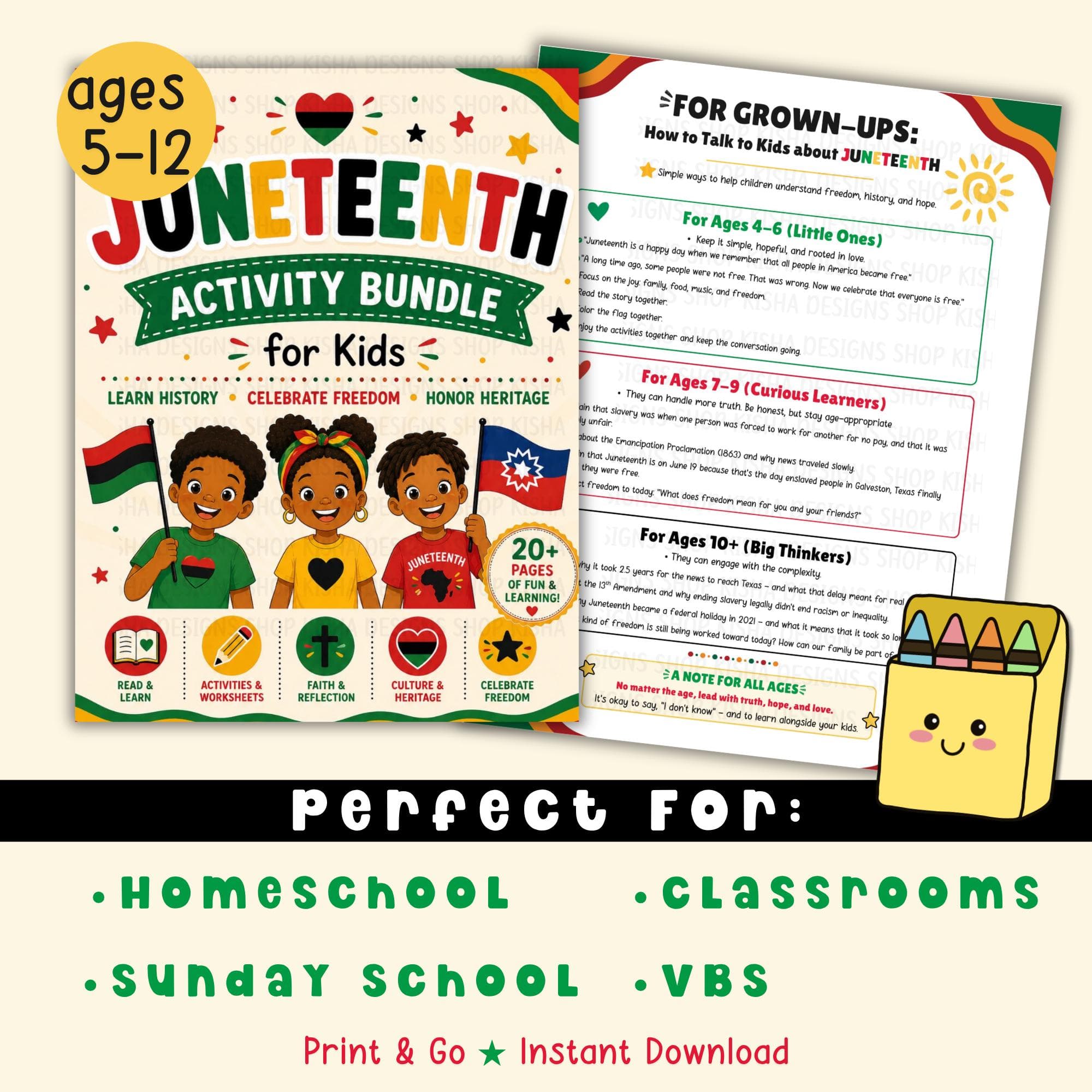 Juneteenth printable activity pack for kids ages 5–12, homeschool classroom activity bundle with worksheets, coloring pages, faith reflection, Sunday school printable.