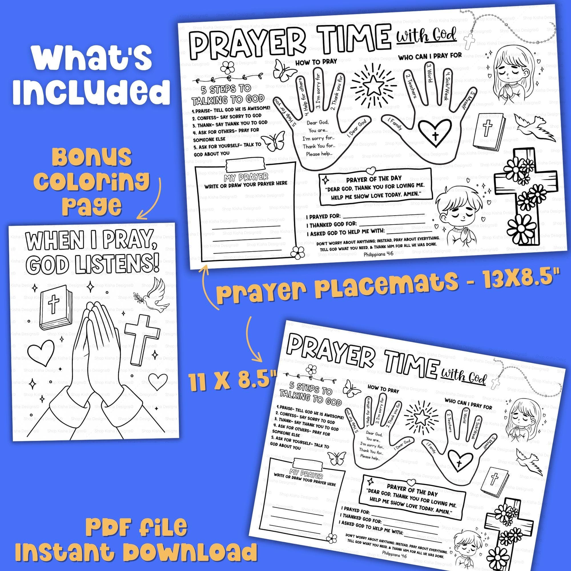 Printable kids prayer activity set with 11x8.5 and 13x8.5 inch prayer placemats and bonus Bible-themed coloring page. PDF file for instant download and church use.