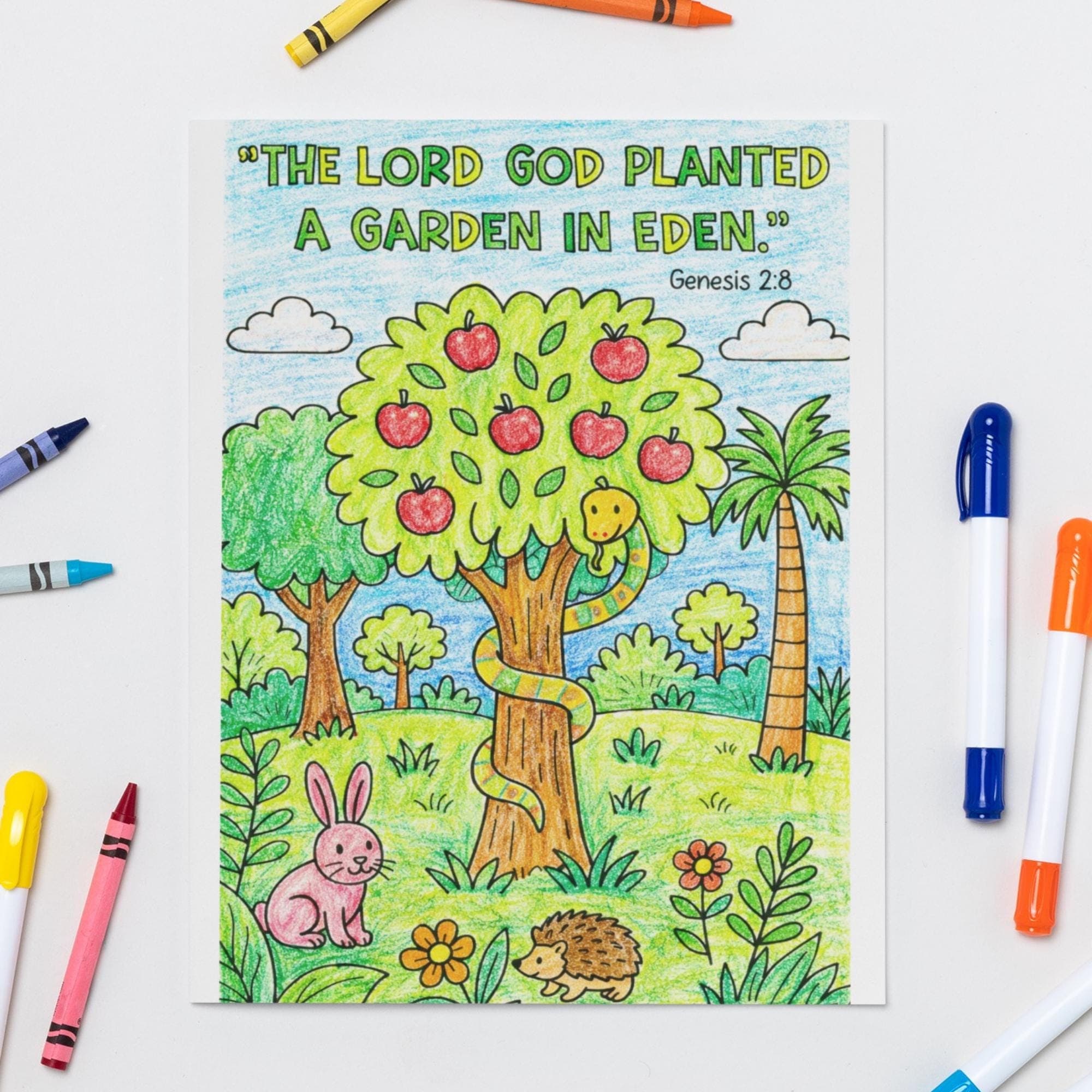 Colored example of Adam and Eve Garden of Eden coloring page, Christian coloring activity from faith based printable Bible lesson for kids.