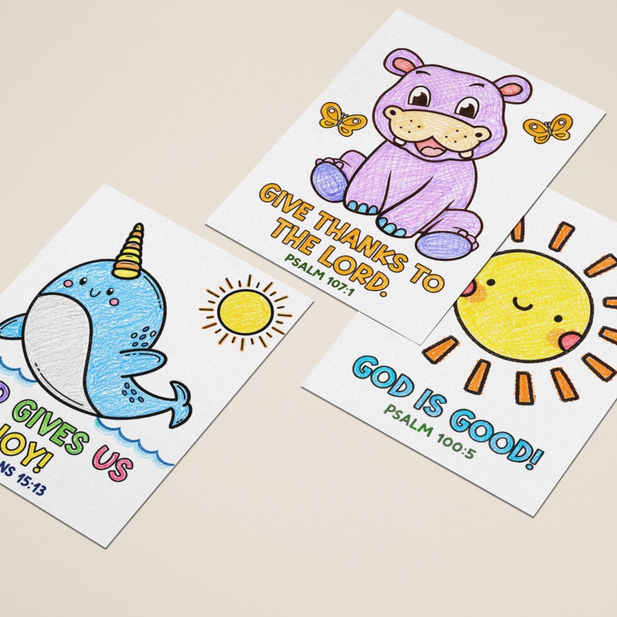 Completed Bible verse coloring pages for kids featuring cute animal illustrations with scripture verses including God is good Psalm 100 and Give Thanks to the Lord Psalm 107 faith based printable activity.