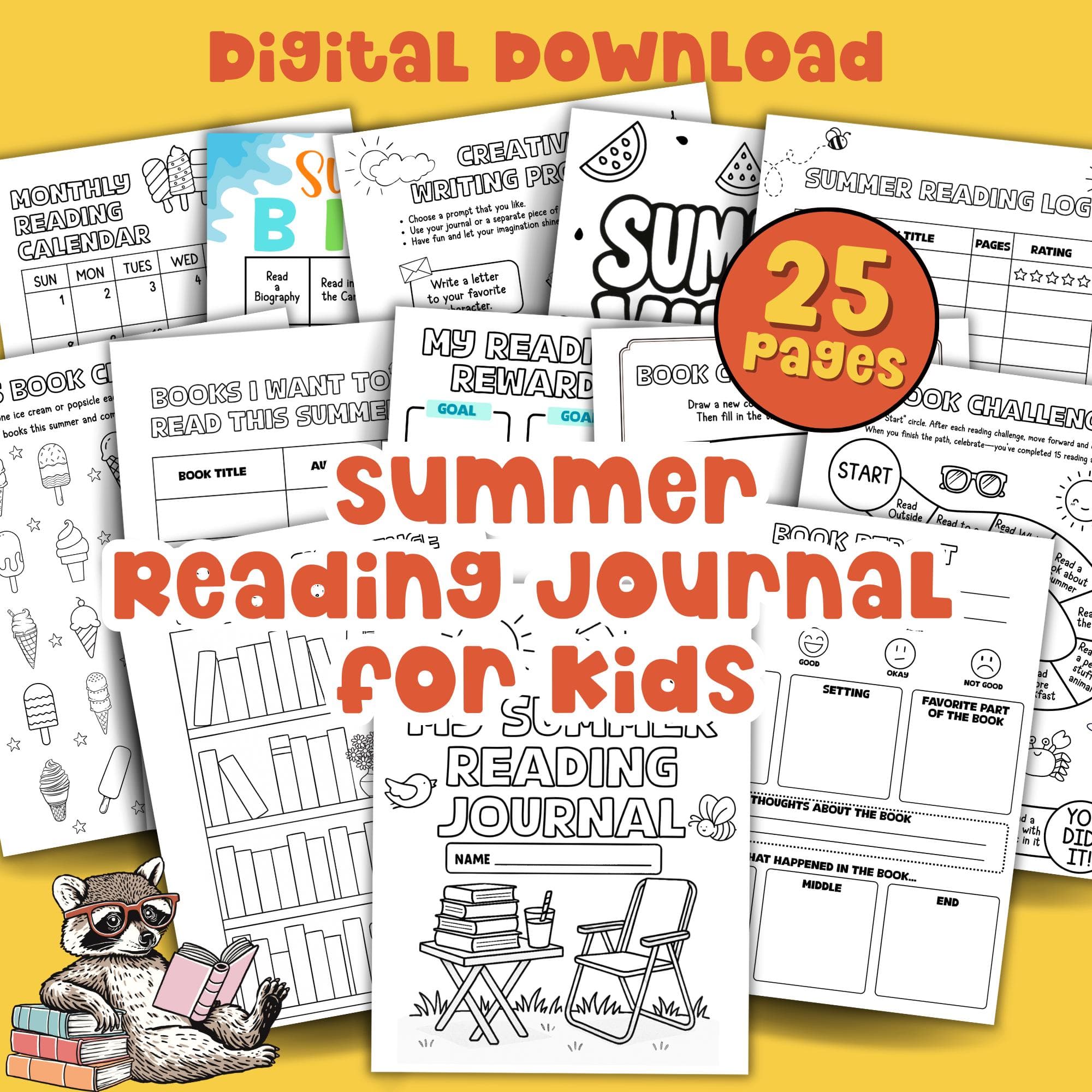 Summer Reading Journal for Kids, Reading Log, Book Review Journal, Reading Tracker, Reading Challenge, Bookshelf Tracker Printable