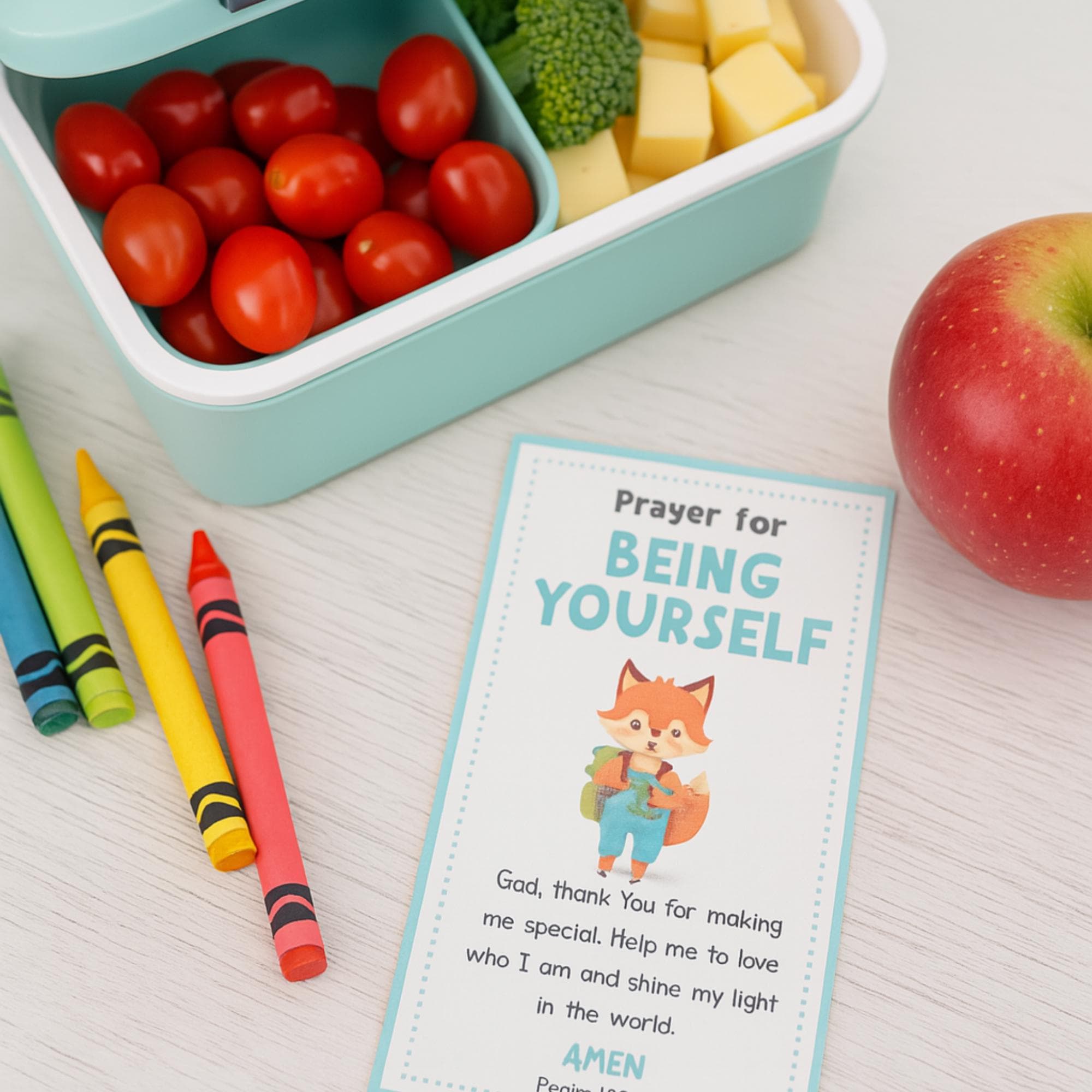 Lunchbox note card with daily prayer for kids—Bible verse pocket devotional encouraging kids during school with faith-based inspiration and prayer.