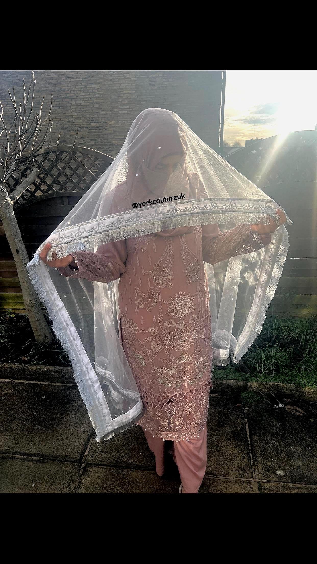 White & Silver Bridal Veil “Qabool Hai” Nikkah Dupatta, Rukhsati Veil with Sequins, Premium Large Wedding Dupatta 140cm x 250cm Shadi Scarf - image 4
