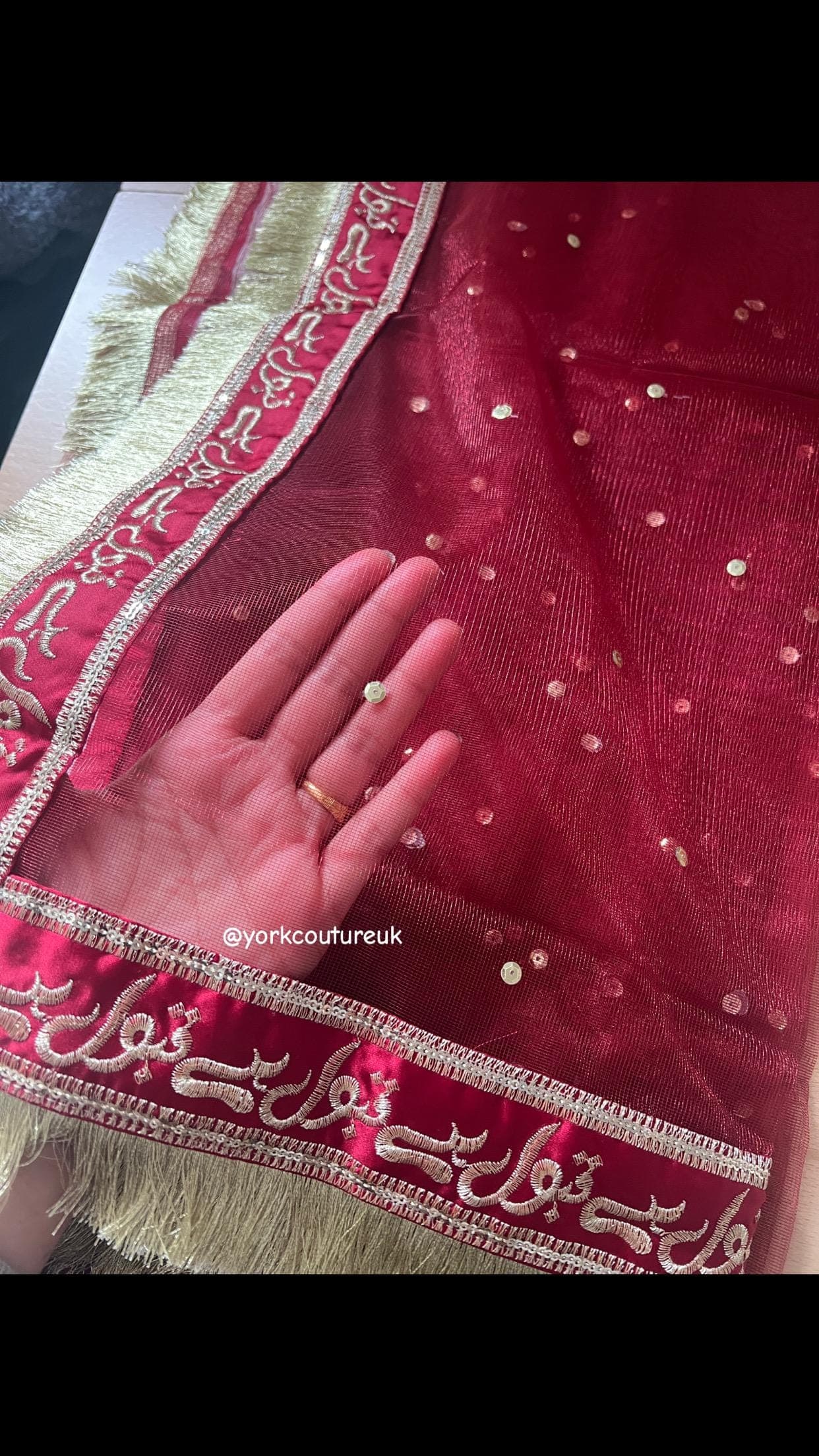 Maroon and Gold Bridal Veil “Qabool Hai” Nikkah Dupatta, Rukhsati Veil with Sequins, Premium Large Wedding Dupatta 140cm x 250cm Shadi Scarf - image 5