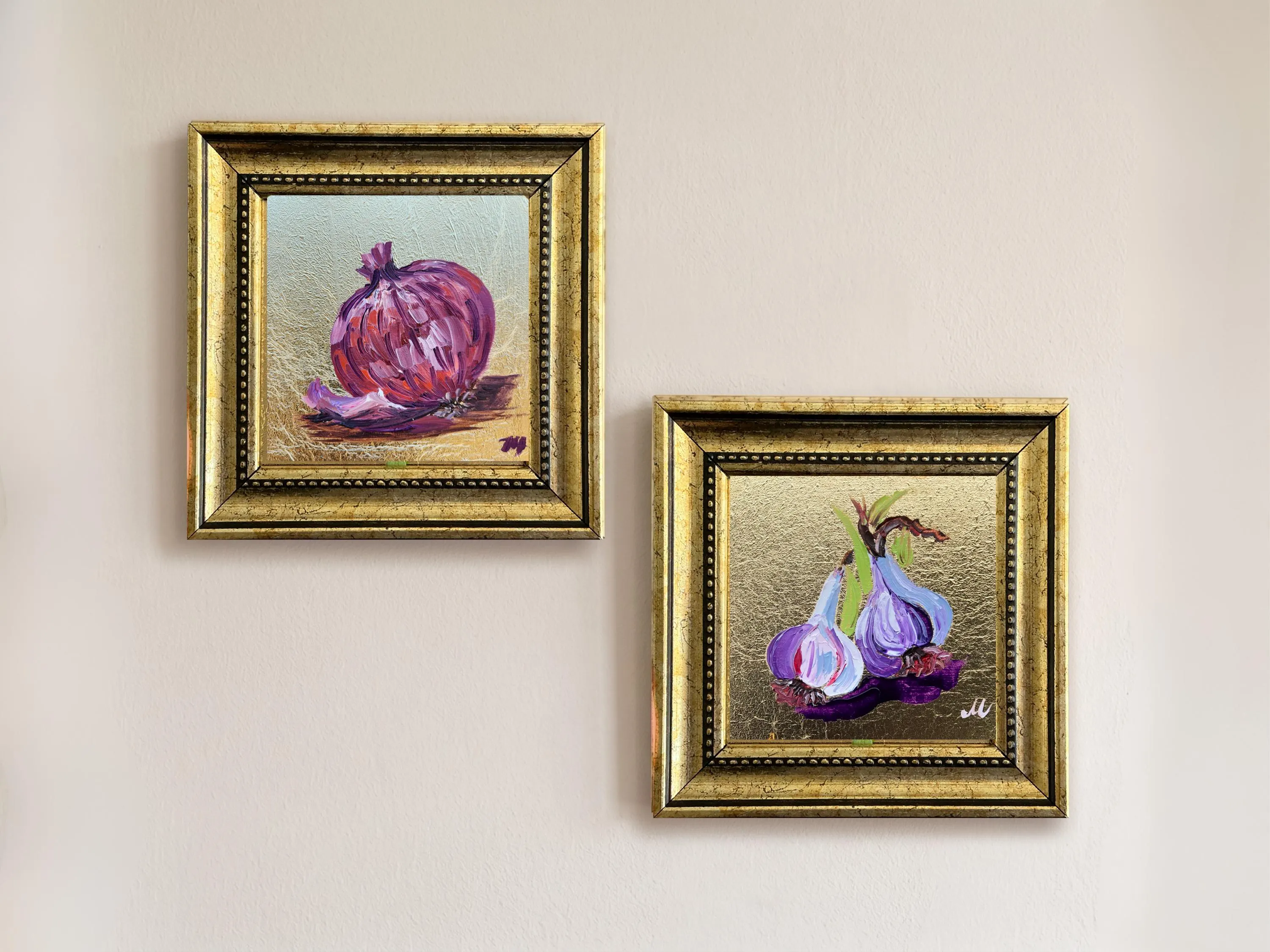 Onion and Garlic Painting; Set of 2 Framed Artwork, Farmhouse Kitchen Wall Decor (4x4)