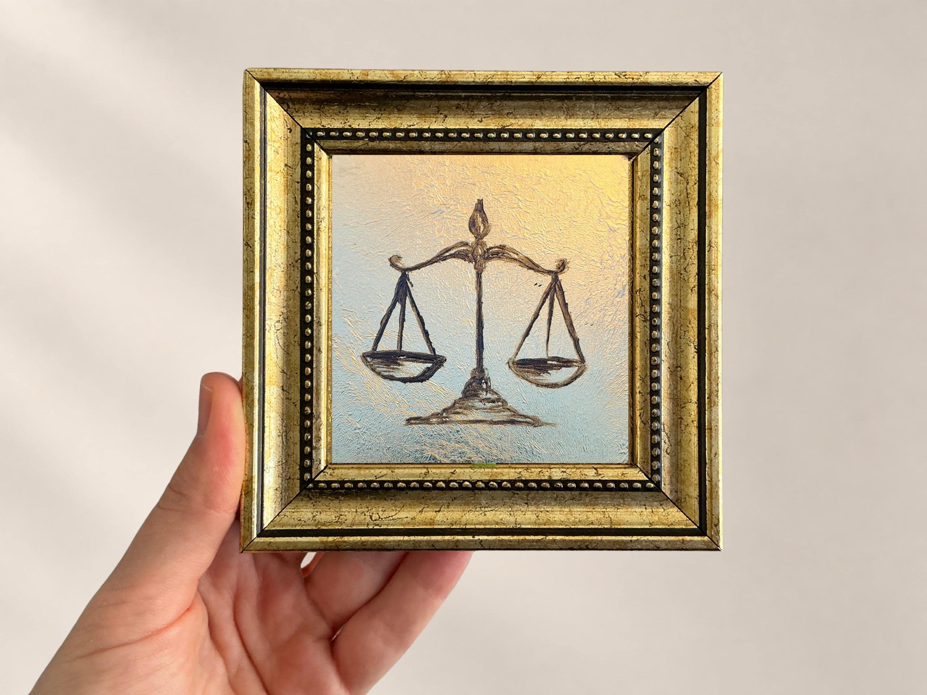 Libra Zodiac Scale Oil Painting, Mini Zodiac Wall Art