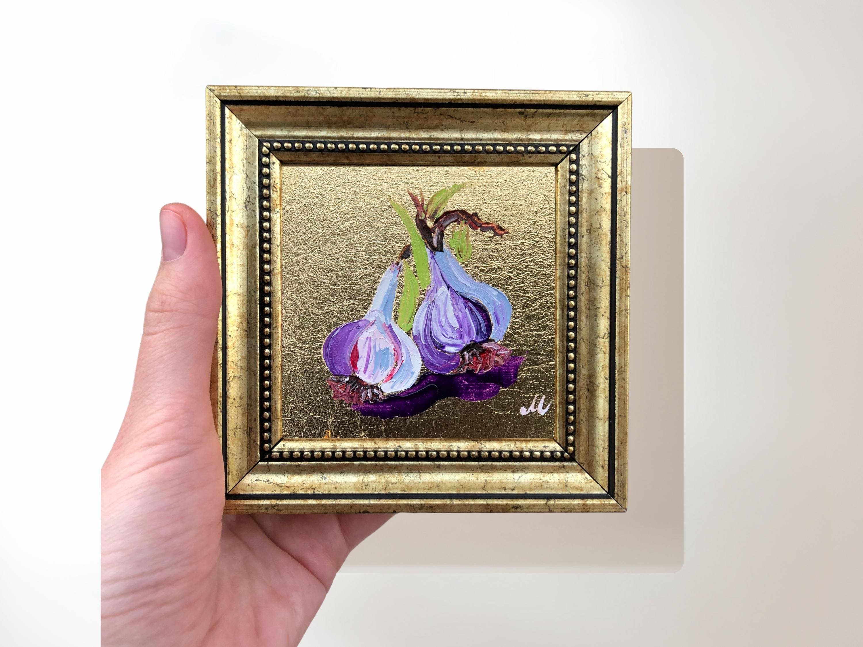 Original Garlic Painting, Gold Framed Kitchen Decor, 4x4 Inch Canvas