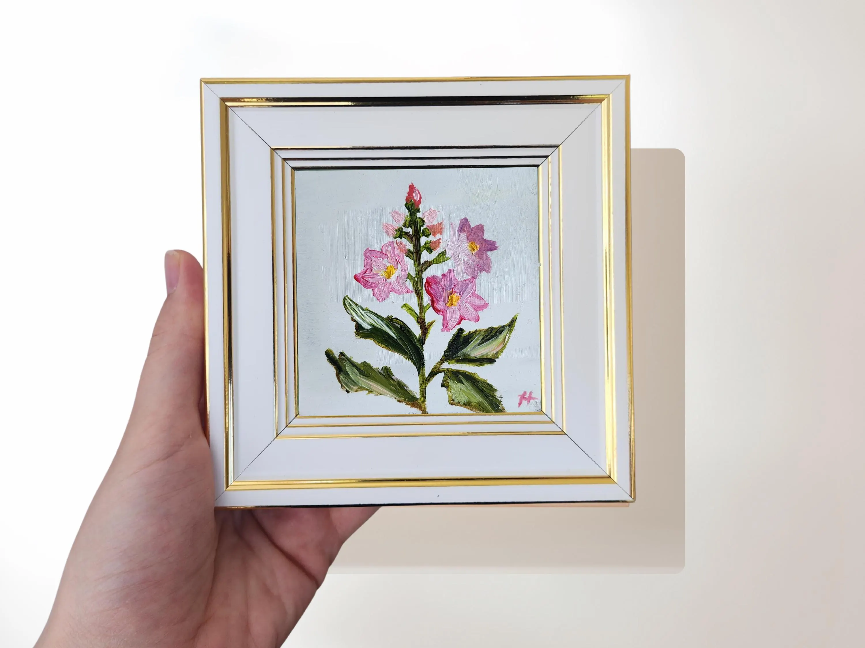 Pink Flower Painting; 5x5  Framed Small Botanical Wall Art, Mothers Day Gift - image 5