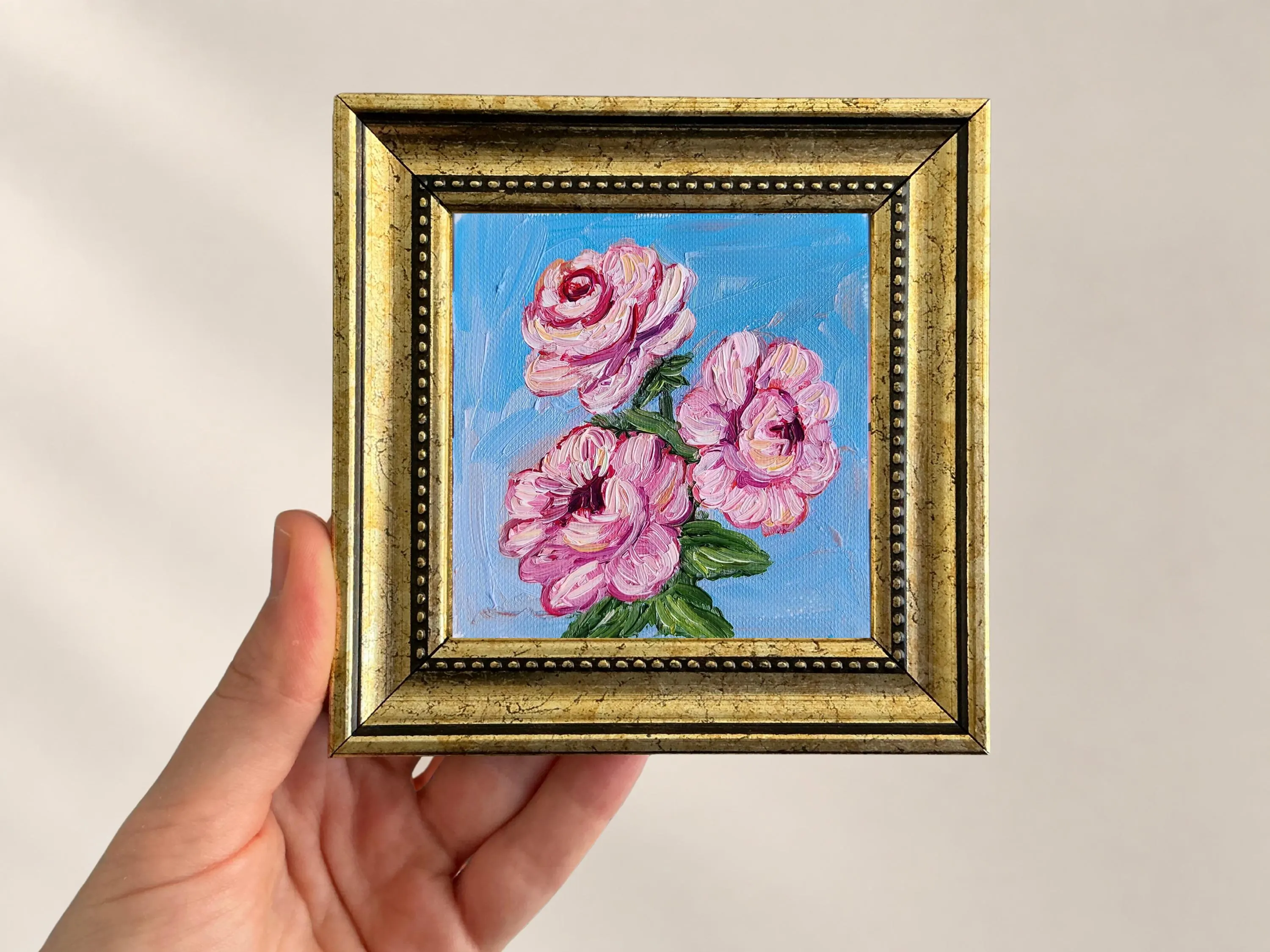 Pink Rose Oil Painting, Framed Floral Wall Decor, 4x4 Inch Original Artwork