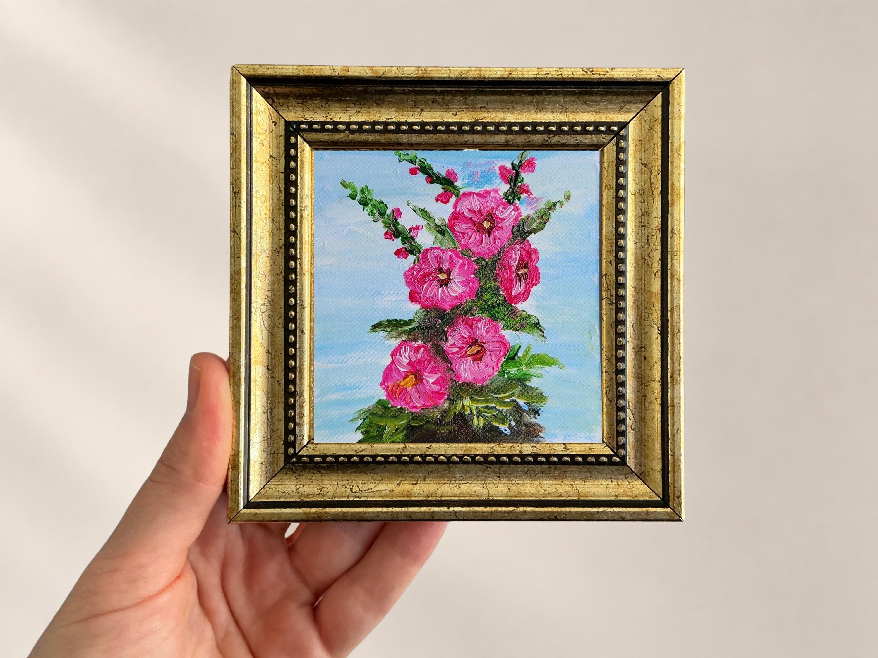 Pink Hollyhock Oil Painting, Framed Floral Wall Art, 4x4 Inch Original Artwork