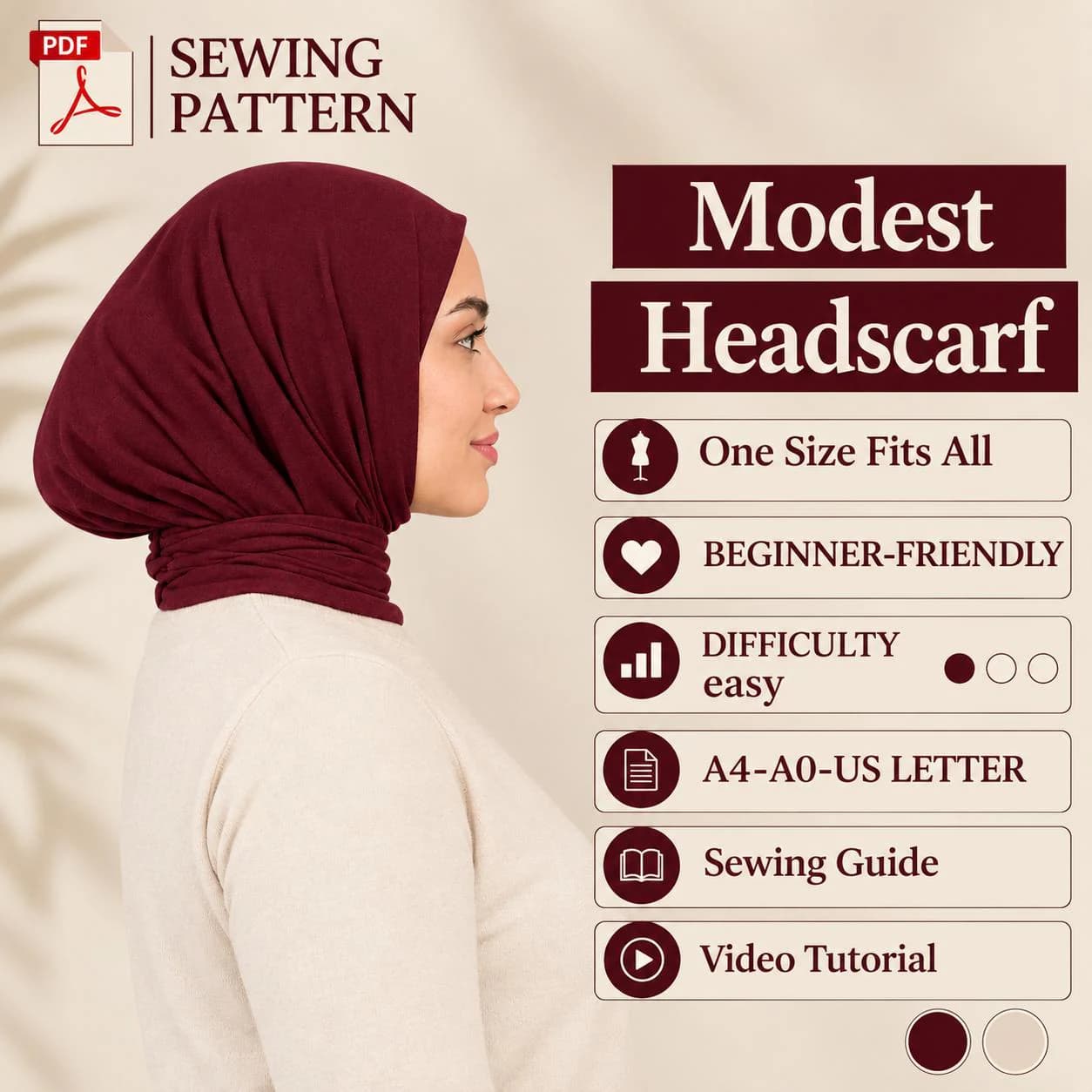Instant Hijab Sewing Pattern, One Size Modest Headscarf, Easy DIY Khimar (PDF)