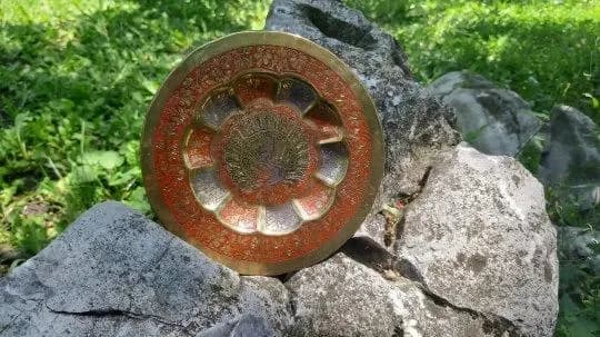 Vintage Enameled Brass Peacock Plate, Indian Wall Hanging - image 3