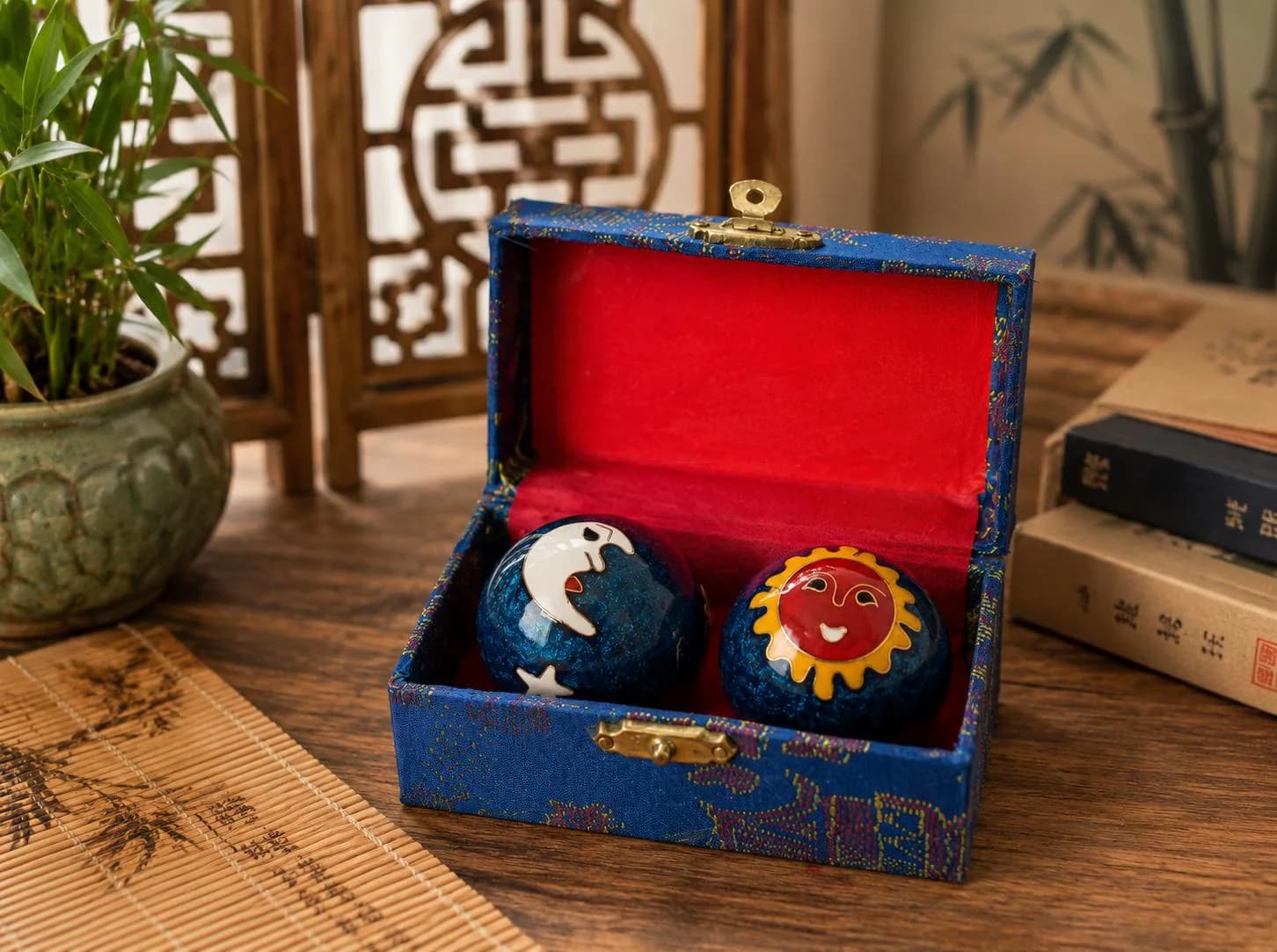 Vintage Baoding Exercise Balls, Celestial Sun and Moon Design, Stress Relief Balls with Box