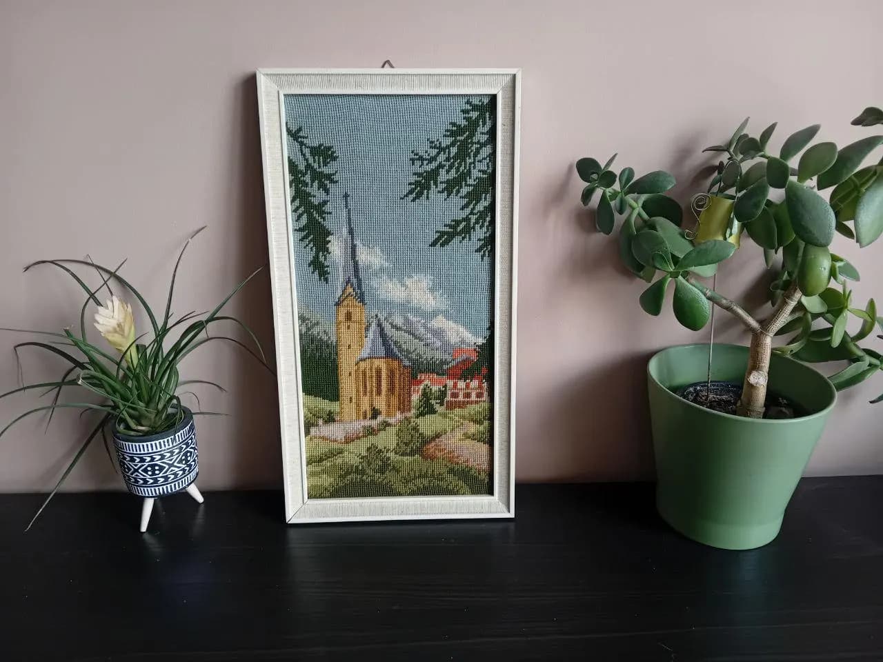 Vintage tapestry, Needlepoint Tapestry Landscape Wall Art, Framed Cross Stitch Village Scene - image 4