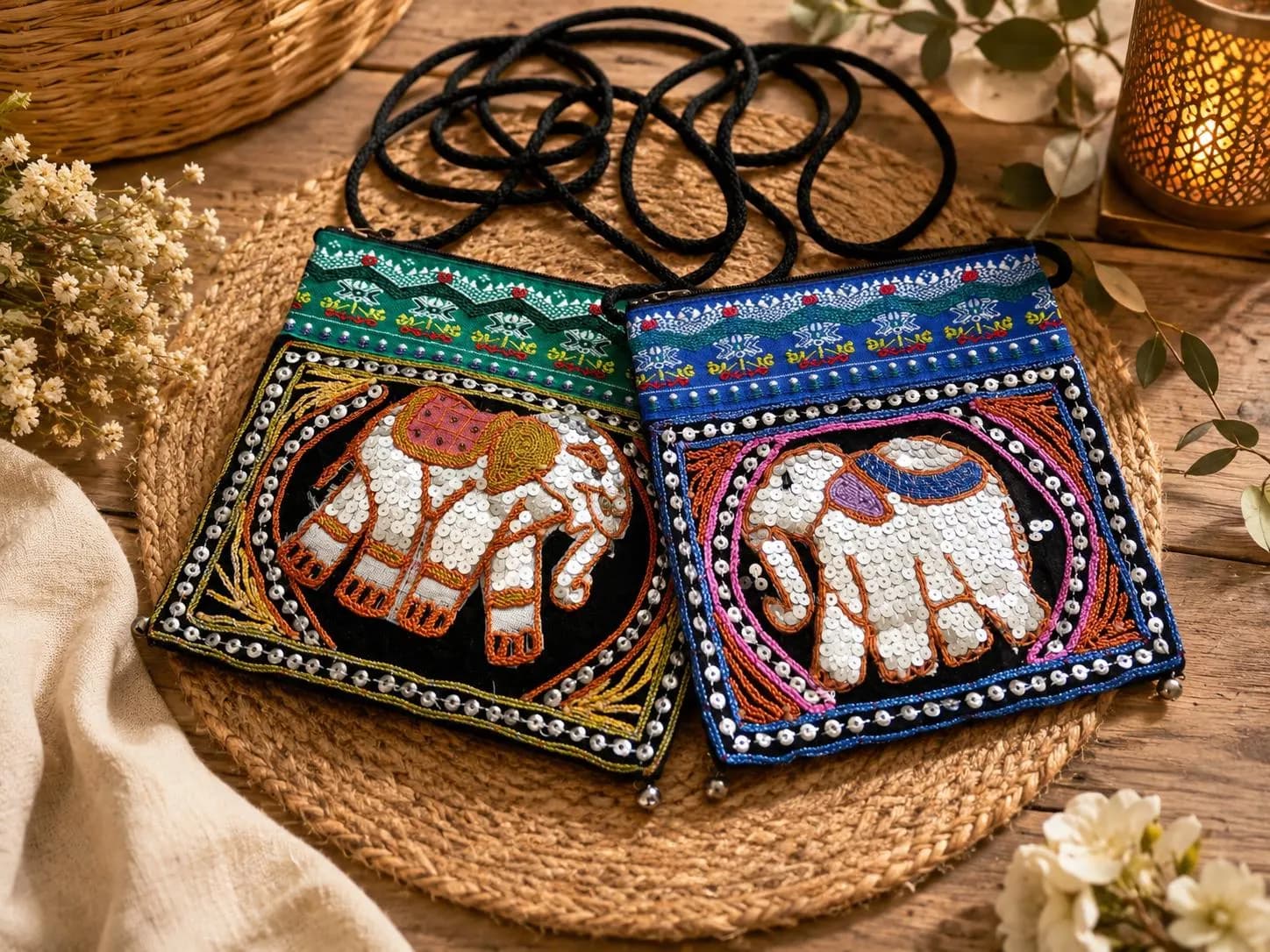 Beaded Shoulder Bag with Indian Elephant Design, Handmade Bohemian Cross body Bag