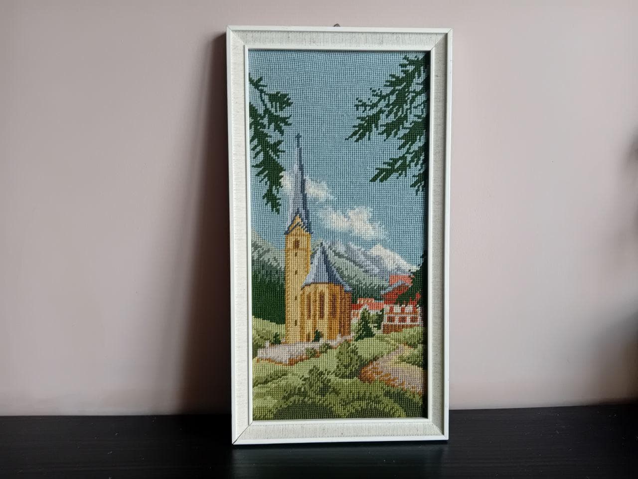 Vintage tapestry, Needlepoint Tapestry Landscape Wall Art, Framed Cross Stitch Village Scene - image 2