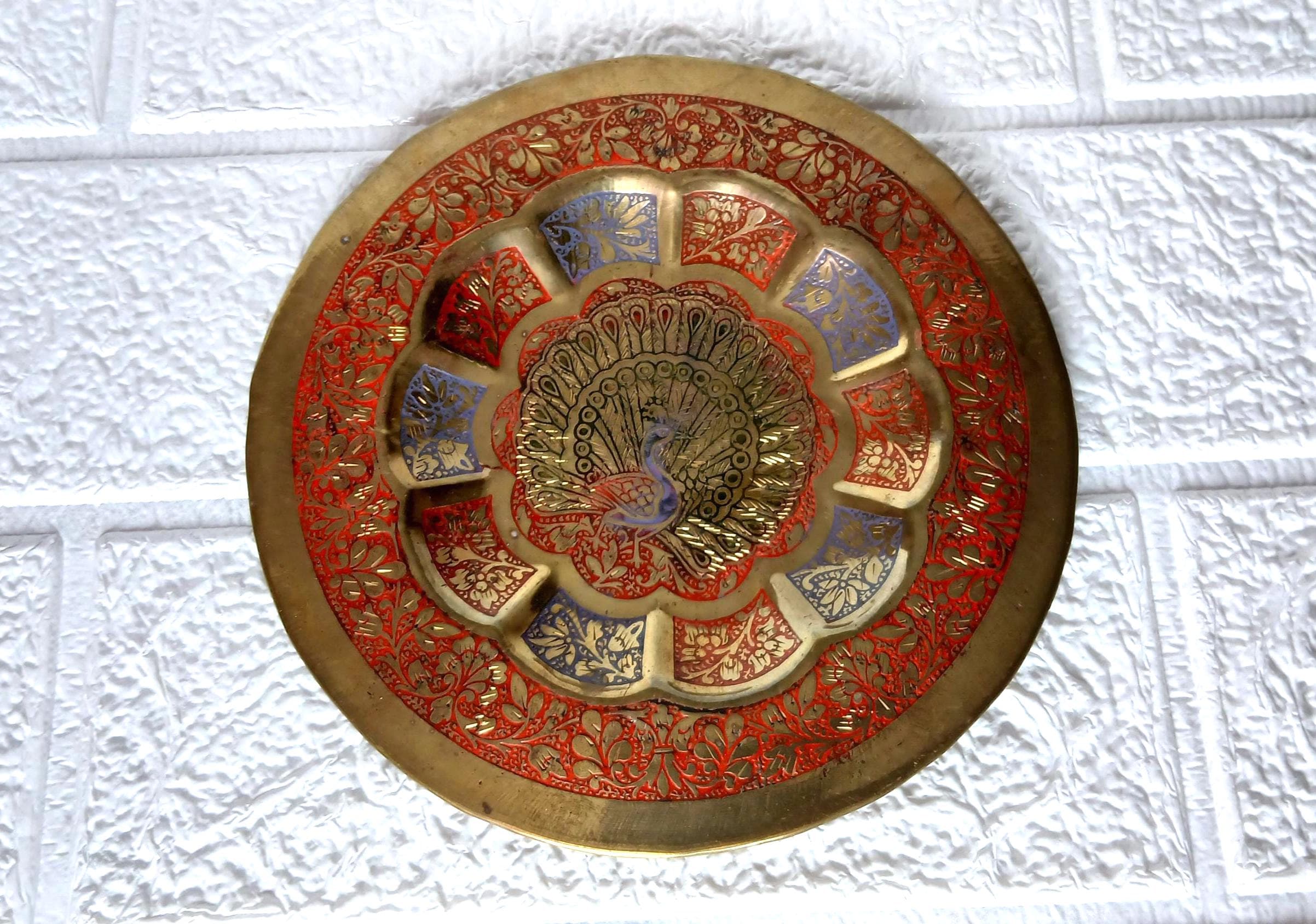 Vintage Enameled Brass Peacock Plate, Indian Wall Hanging - image 2