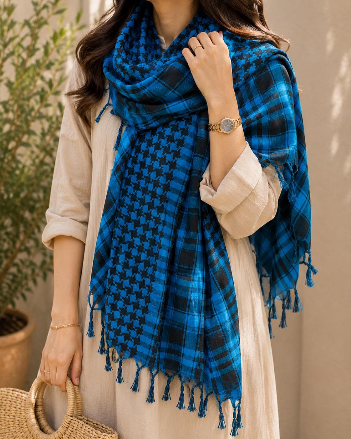 Large Blue Square Houndstooth Shawl, Oversized Cotton Fringed Scarf