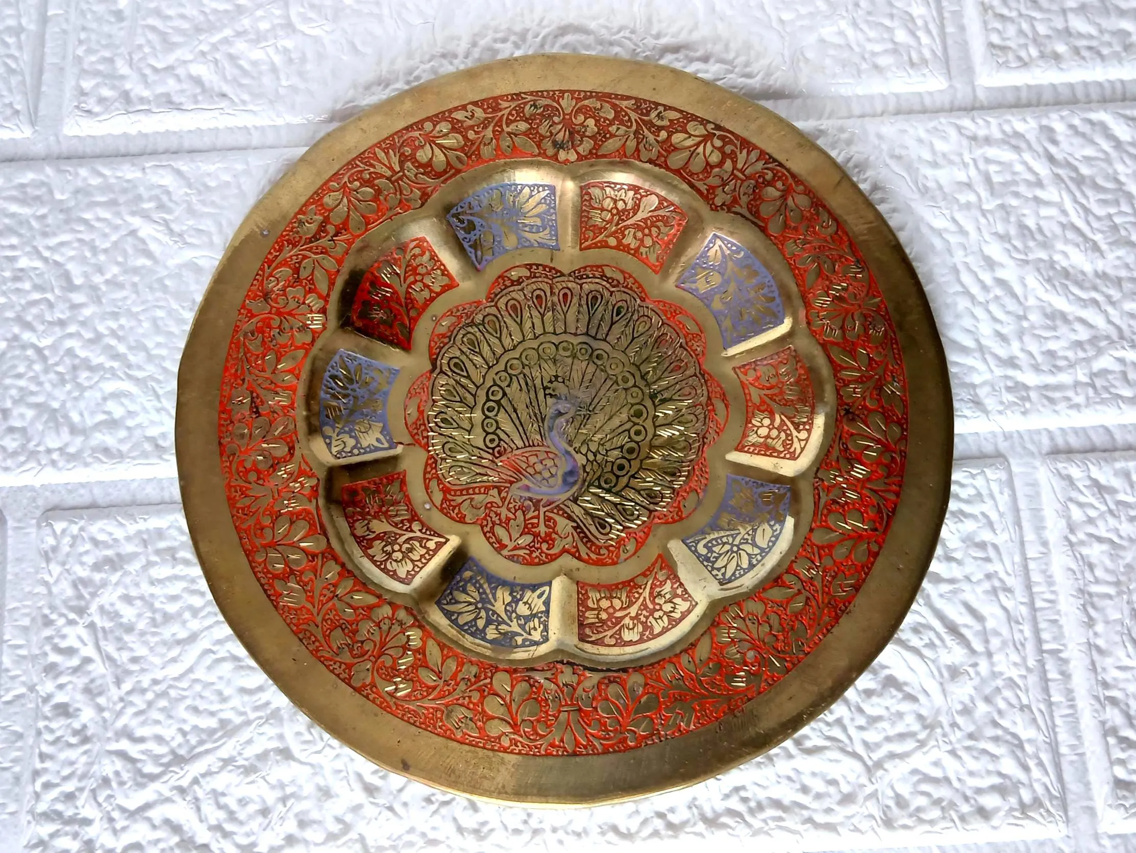 Vintage Enameled Brass Peacock Plate, Indian Wall Hanging - image 4
