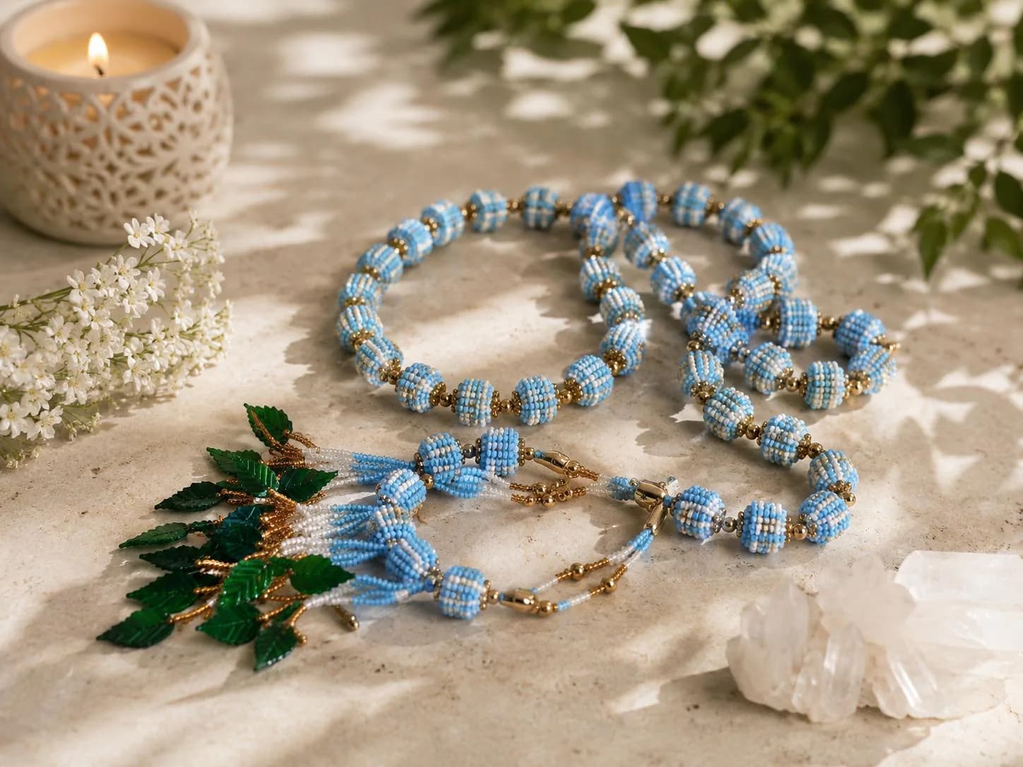 Handmade Vintage Rosary with Blue Beads & Tassel, Religious Home Decor