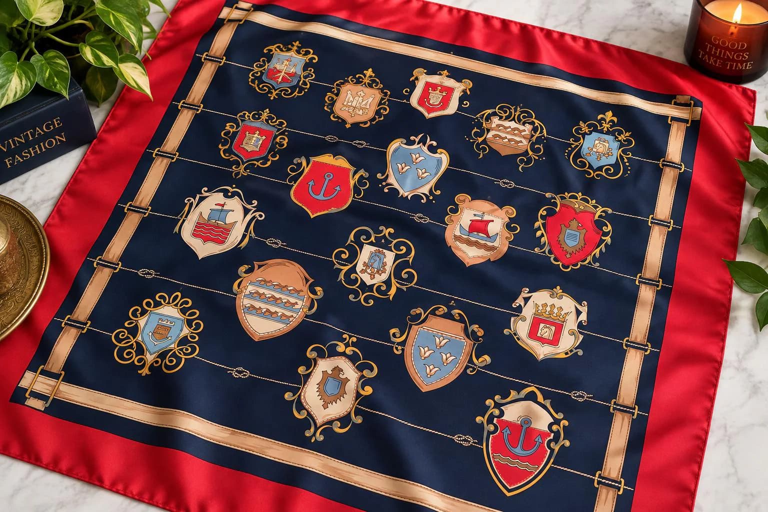 Gim Renoir Vintage Scarf, Made in Italy, 78x78 cm, Equestrian Horse & Heraldic Print, 1970s - image 3