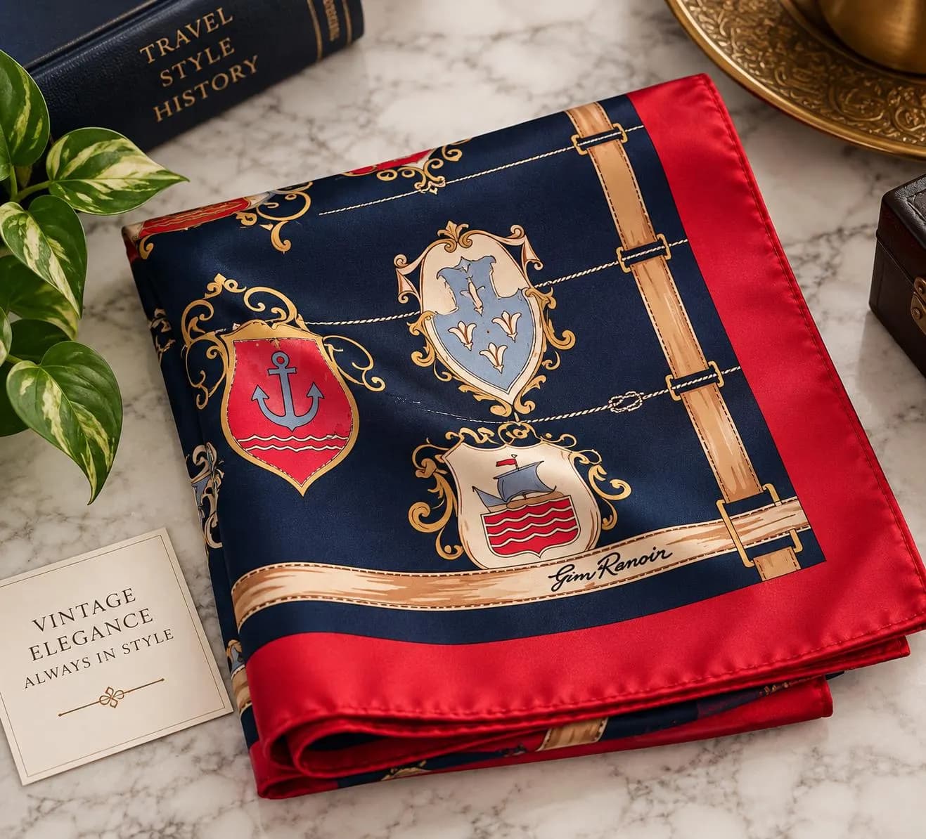 Gim Renoir Vintage Scarf, Made in Italy, 78x78 cm, Equestrian Horse & Heraldic Print, 1970s - image 5