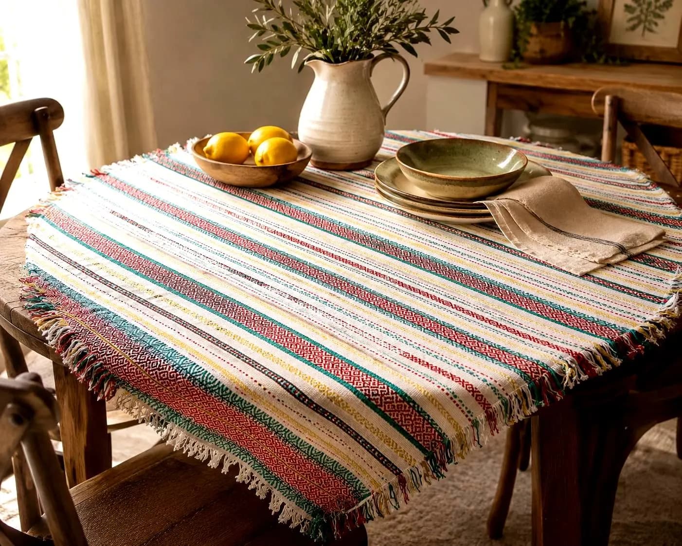 Vintage Bulgarian Embroidered Cotton Tablecloth, Bohemian Farmhouse Decor