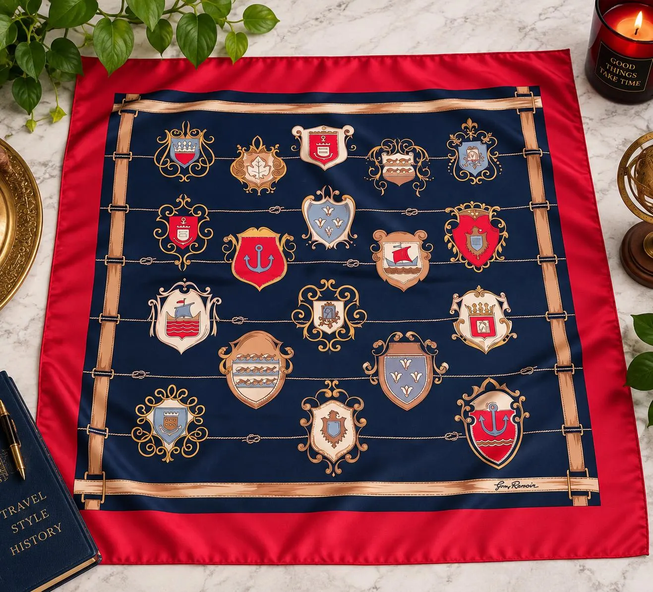 Gim Renoir Vintage Scarf, Made in Italy, 78x78 cm, Equestrian Horse & Heraldic Print, 1970s - image 4