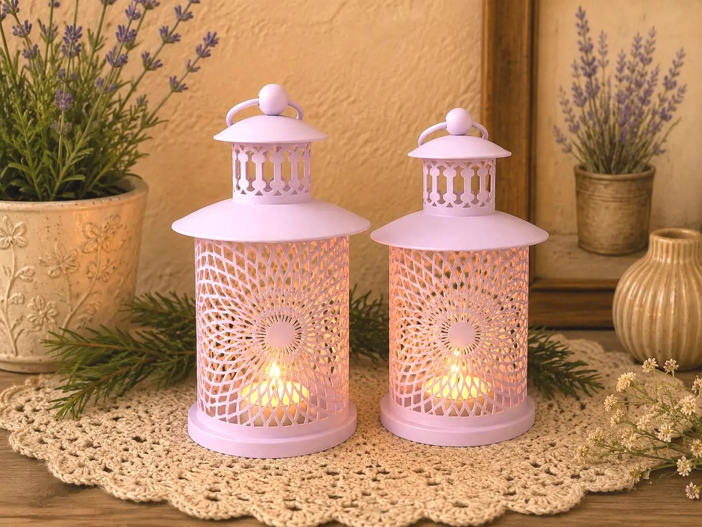 Set of 2 Pink Metal Lanterns, Shabby Chic Decor, Rustic House Decor